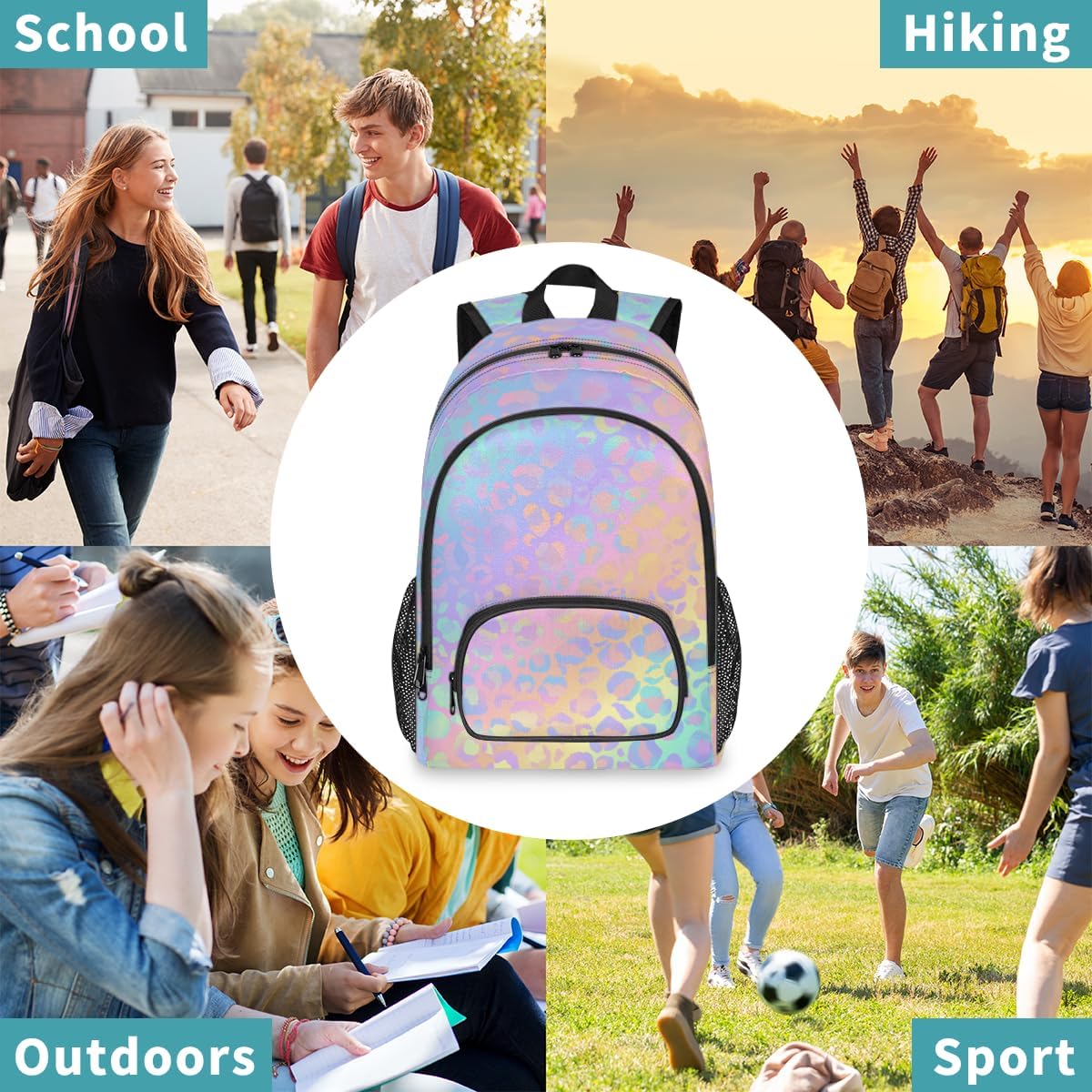 School Backpack Casual Bookbag with Multiple Pockets 18 inch Laptop Backpacks for Travel Hiking, Schoolbag for Students Girls Boys Women Men, Colorful Leopard Print - Image 7