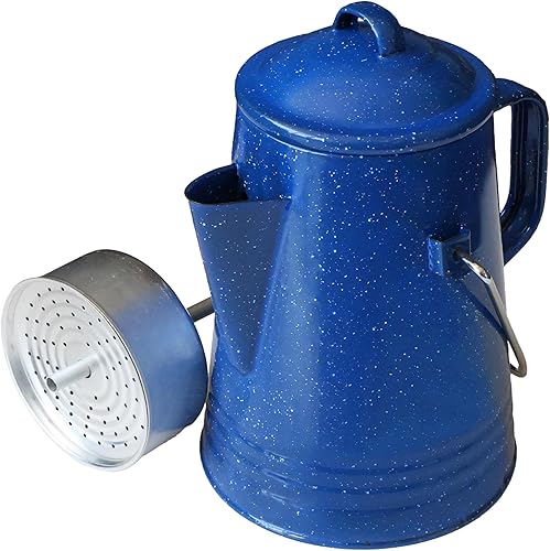 Grip Percoladora de café (azul) - Acero esmaltado duradero - Prepara café sobre el fuego - Camping, senderismo, mochilero, pesca, caza - (8 tazas)