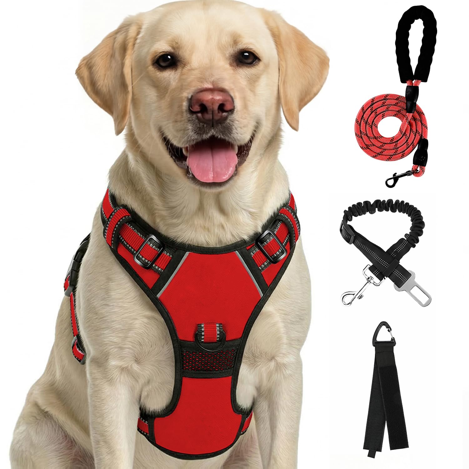 FURRYFECTION No Pull Dog Harness, Reflective Vest Harness with Leash No Choke Soft Padded Dog Vest, Adjustable Front Lead Dog Harnesses with Dog Seat Belt for Small Medium Large Dogs, Red, M — image 1