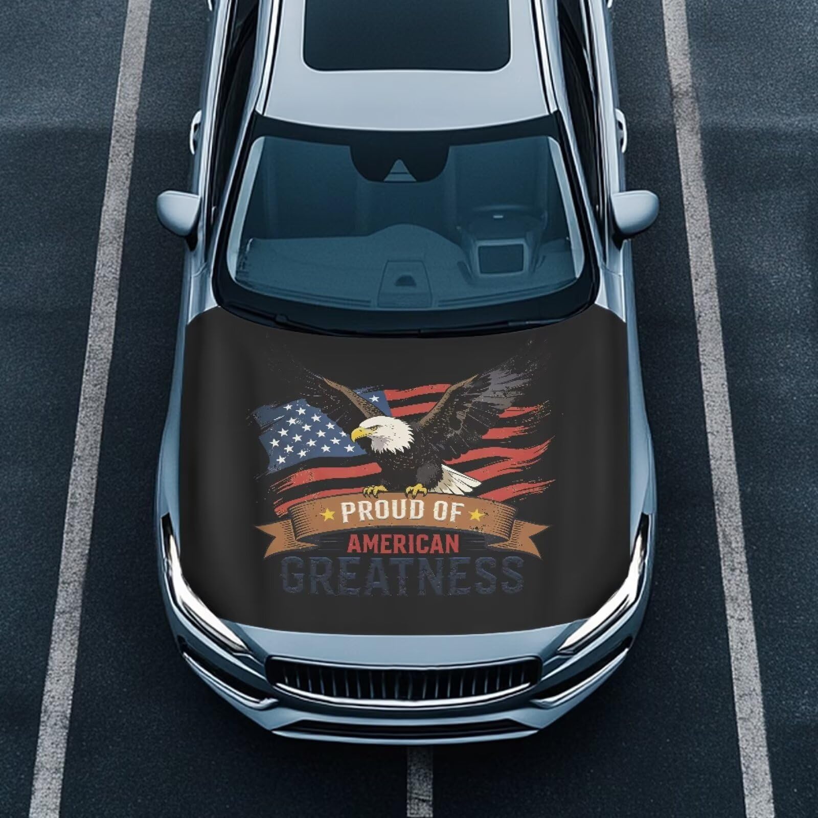 Vehicle Engine Hood Cover Wrap Elastic Dustproof Eagle and American Flag Auto Front Hood Cover Protector Cloth Car Accessories Universal Fit for Van Sedan Trucks