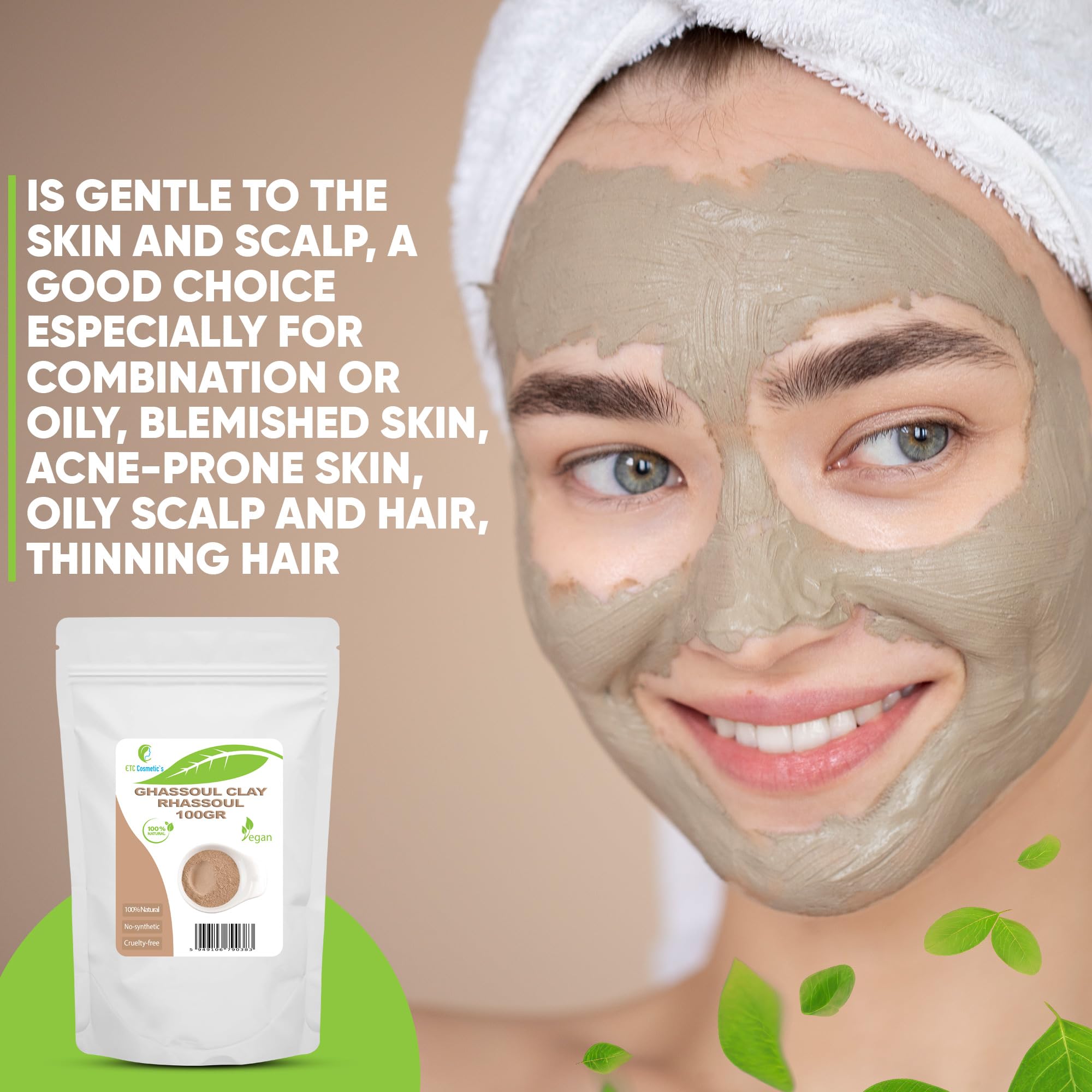 Ghassoul (argile Rhassoul) - 100 gr - Masques visage DIY, masque corporel, masque capillaire, peelings et gommages doux, fabrication de savons, anti-âge et raffermissement de la peau