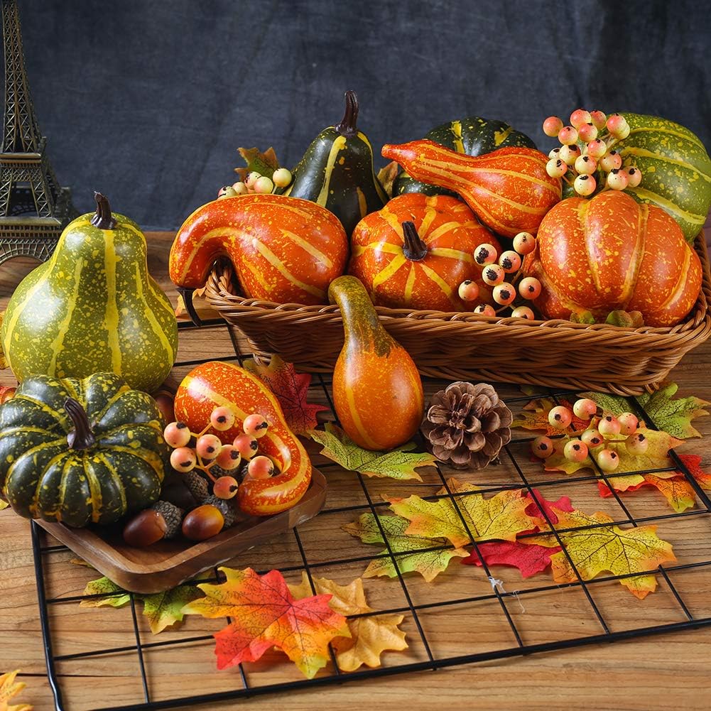 Artificial Pumpkins and Gourds, 129pcs Assorted Lifelike Pumpkins for DIY Craft Fall Thanksgiving Centerpieces