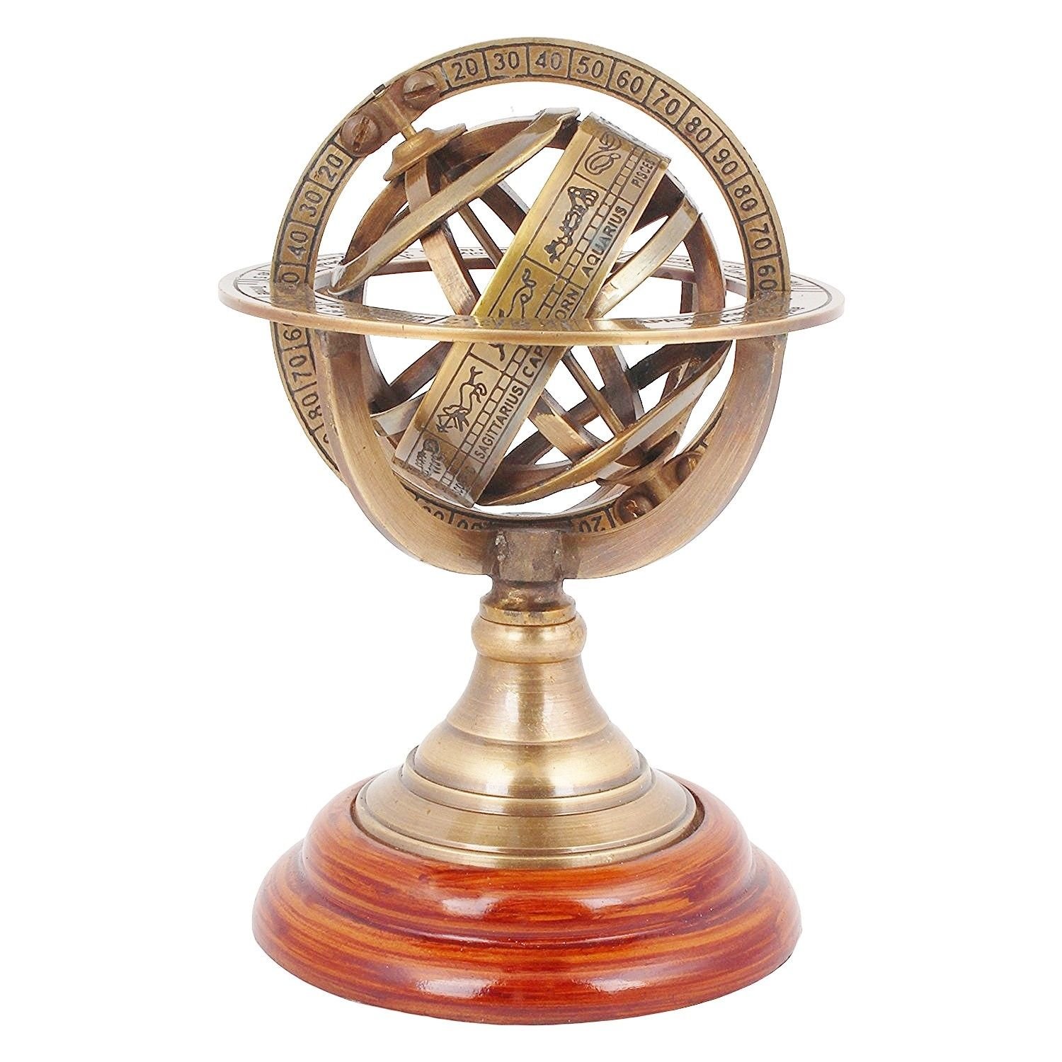 WAVE NAUTICAL-.Brass Armillary Antique Sphere Astrolabe Nautical Marine Tabletop ~ Armillary Sphere Spherical Astrolabe 5" Antique Brass Desktop Globe Sphere Wooden Base Vintage Gift [Showpiece]