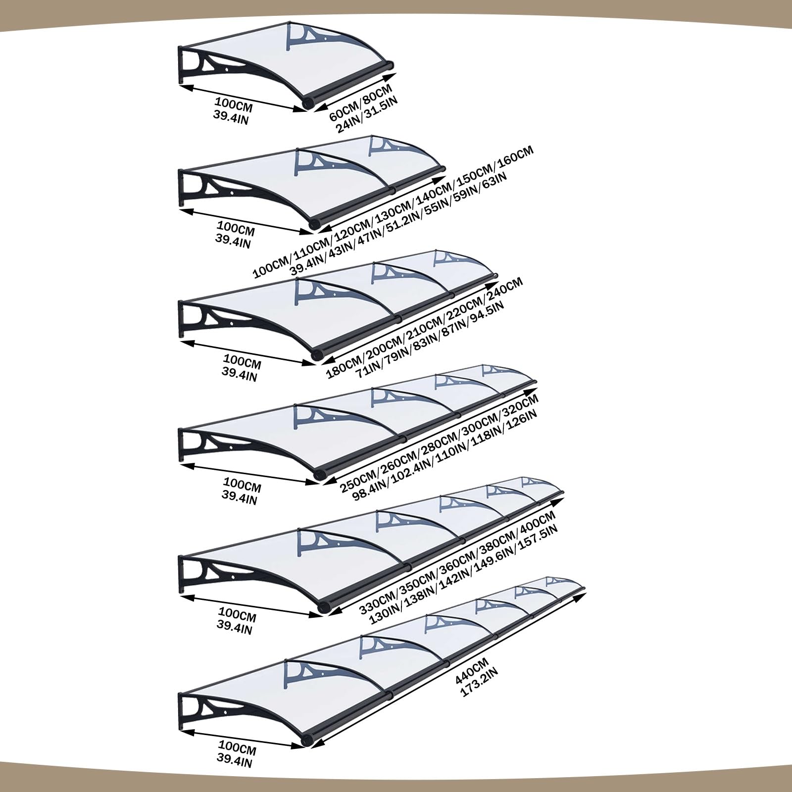Copertura per porta esterna, riparo dalla pioggia, copertura per tetto, protezione UV, eccellente parasole per case e aziende (100 x 330 cm), resistente alle intemperie