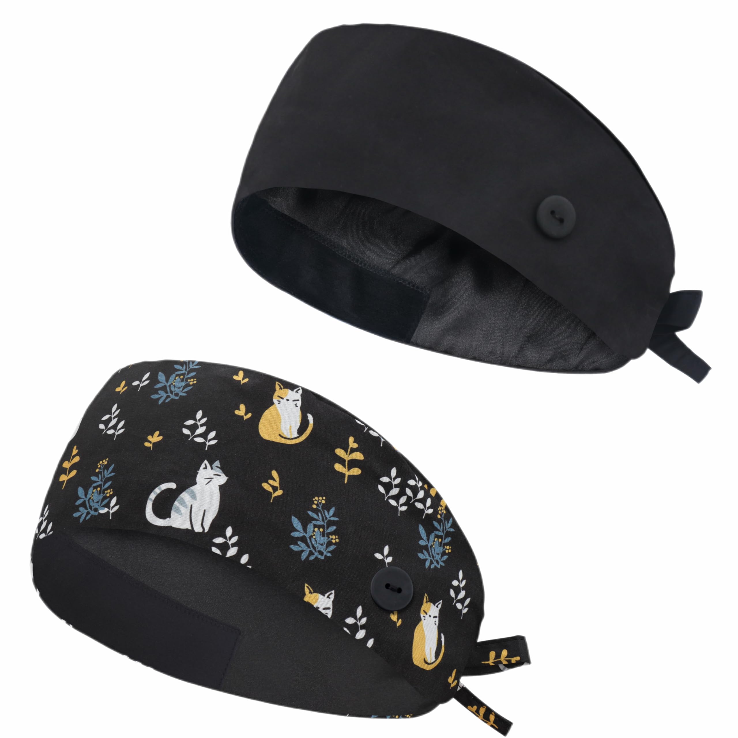 Adjustable Scrub Cap with Button, Satin-Lined Cotton Scrub Hat Sweatband, Elastic Working Hat Unisex, One Size