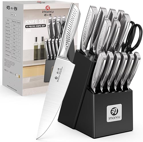 imarku - Juego de 15 piezas de cuchillos con bloque, cuchillos de cocina de acero inoxidable de alto carbono con afilador incorporado, apto para