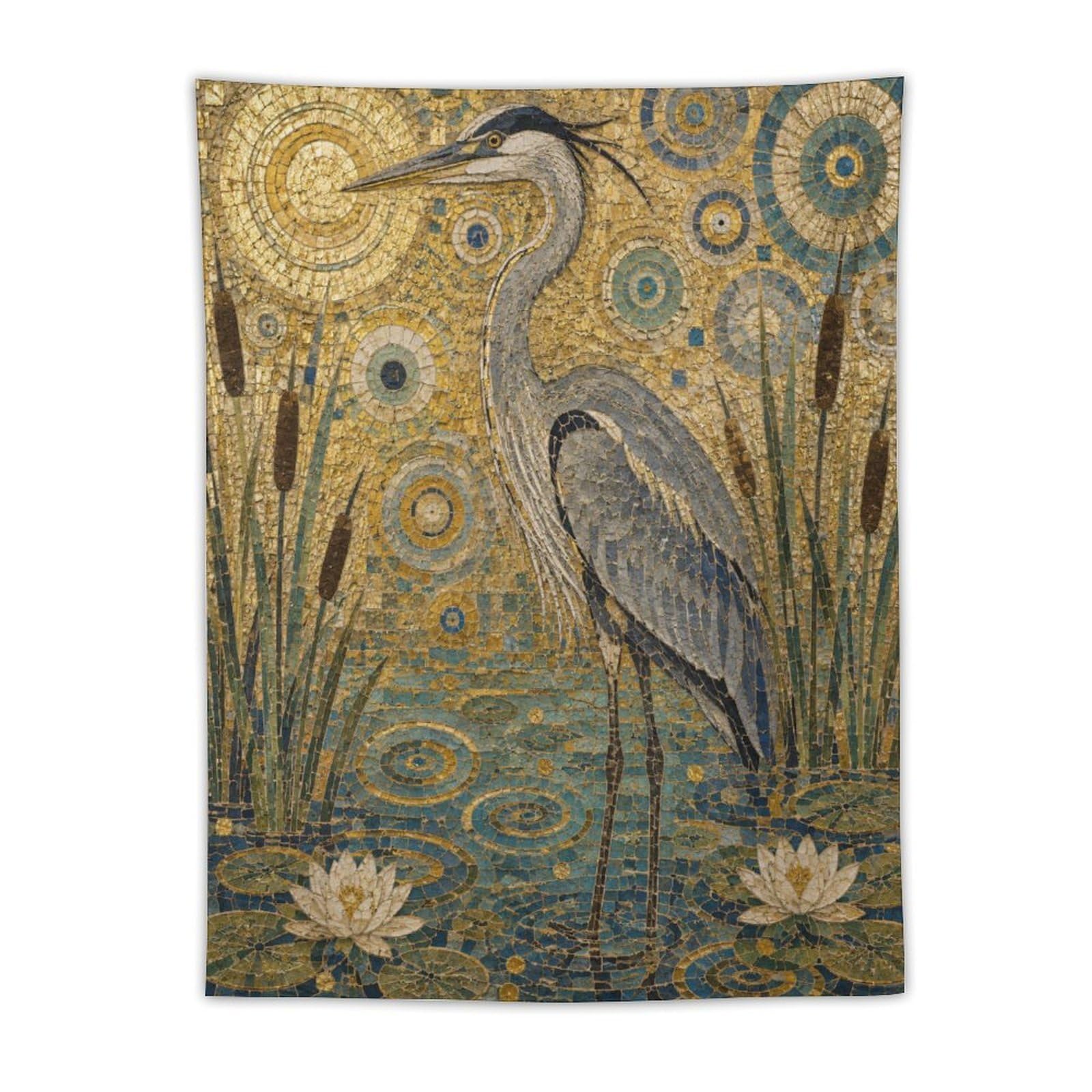 W7C8U2X3 Heron and Lotus Wall Tapestry, Mosaic Style, Living Room