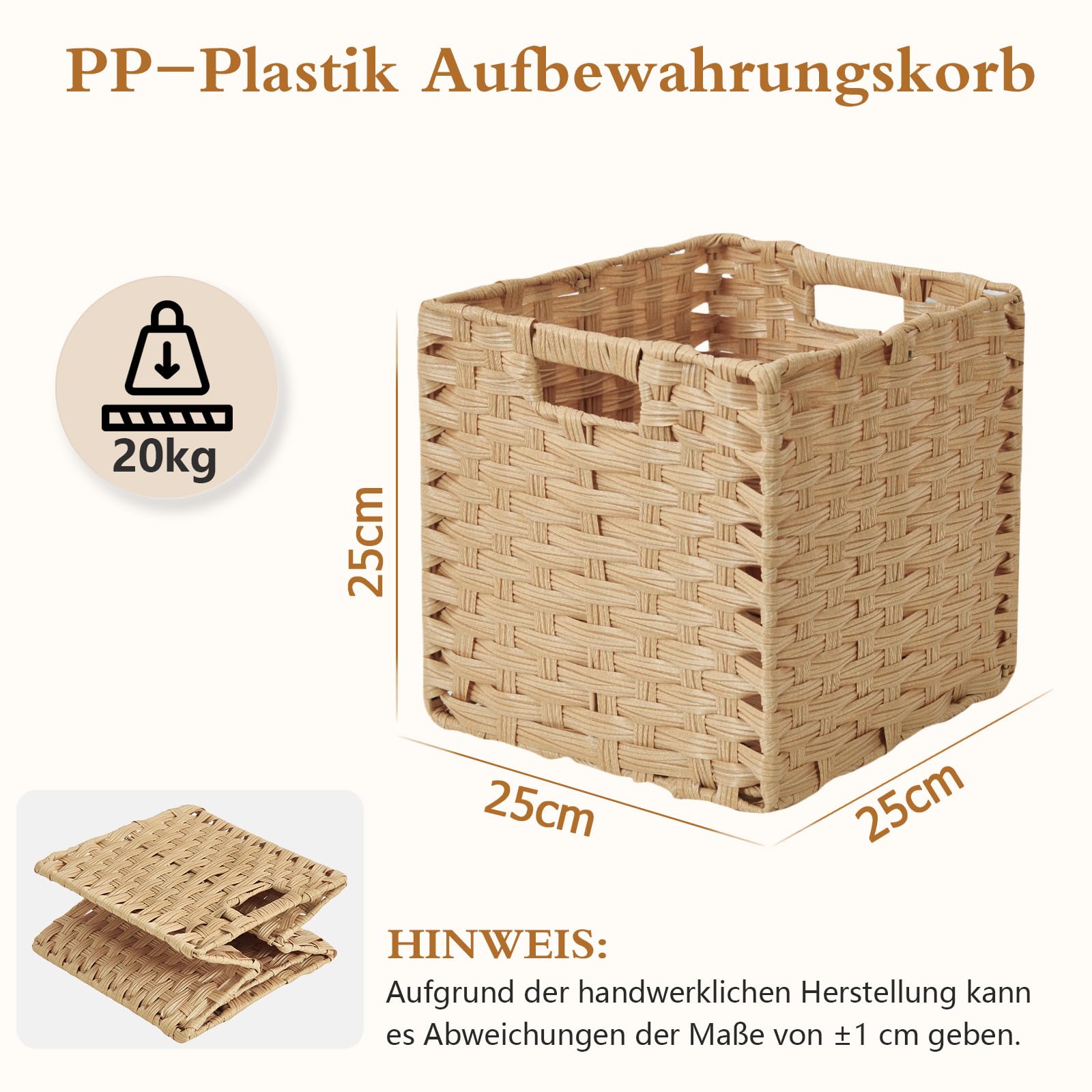 Sagittar Faltbarer gewebter Korb aus Rattan-Imitat, 25 x 25 x 25 cm, Aufbewahrungskorb für Speisekammer, Schrank, Spielzeugschrank, Regalkorb, Würfel, wasserdicht, nicht schimmelig, 6 Stück, Beige