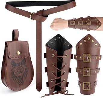 3 Pcs Renaissance Accessories,Medieval Viking Set Includes Renaissance Belt,Vintage Belt Pouch,Vintage Buckle Arm Bracers,Brown Viking Costume Accessories for Halloween Cosplay
