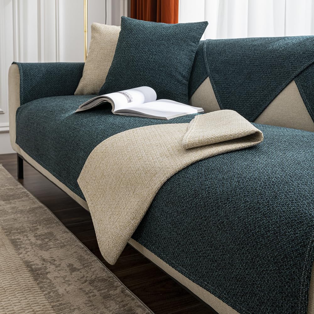 Housse de canapé vert foncé 1 pièce extensible et lavable pour salon modèle 07