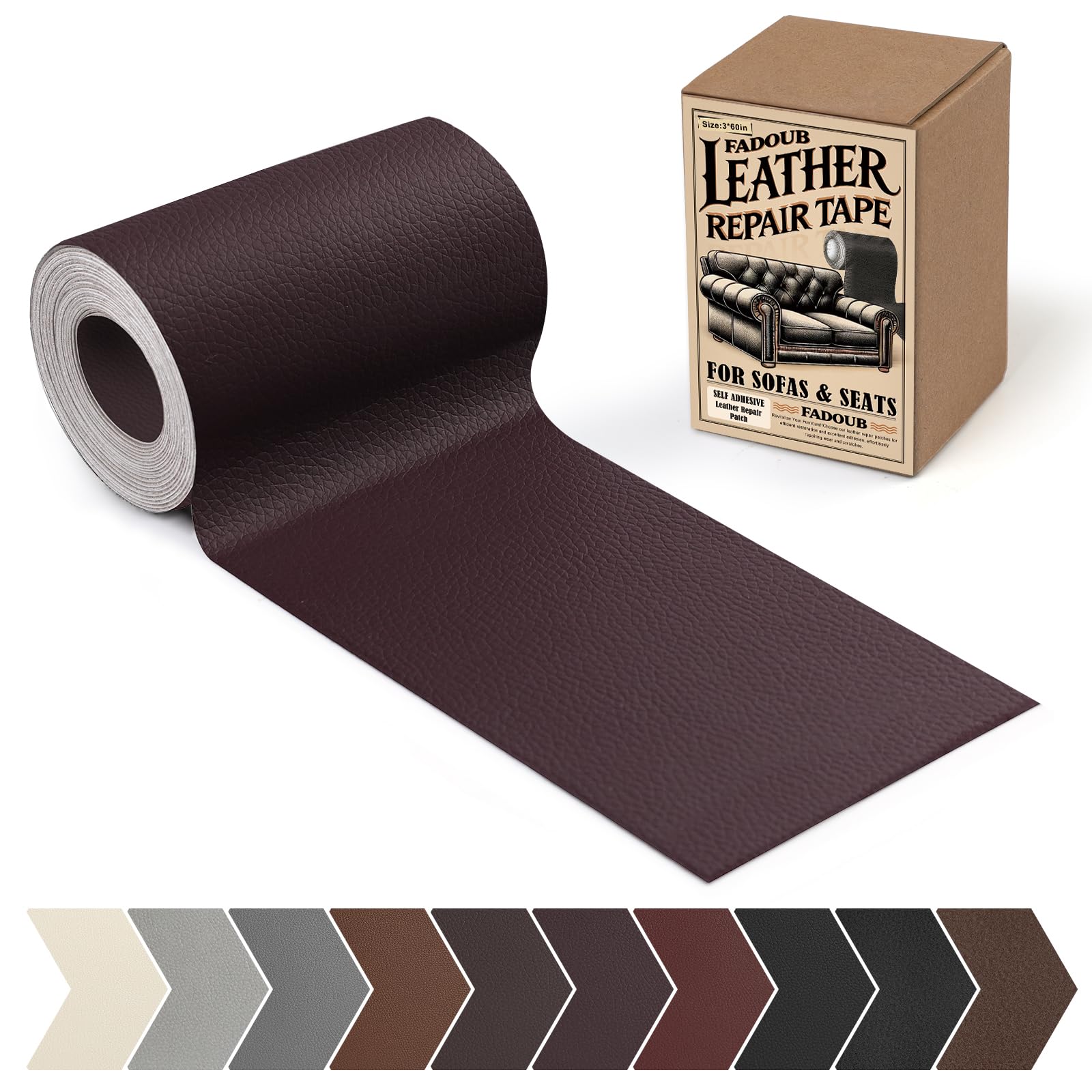 Fadoub Leather Repair Patch, 3 x 60In Self Adhesive Leather Repair Tape Kit for Furniture, Couch, Sofa, Office, Car Seats, Car Interior, Vinyl Repair