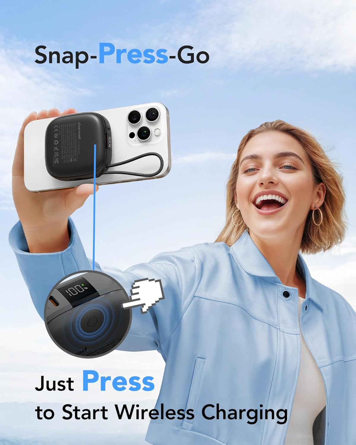 charmast Magnetic Portable Charger, 10000mAh Magnetic Power Bank Fast Charging, 20W Wireless 3 in 1 Battery Pack with Built-in USB C Cable for iPhone 16/15/14/13/12/Pro, AirPod, Apple Watch etc - Image 2