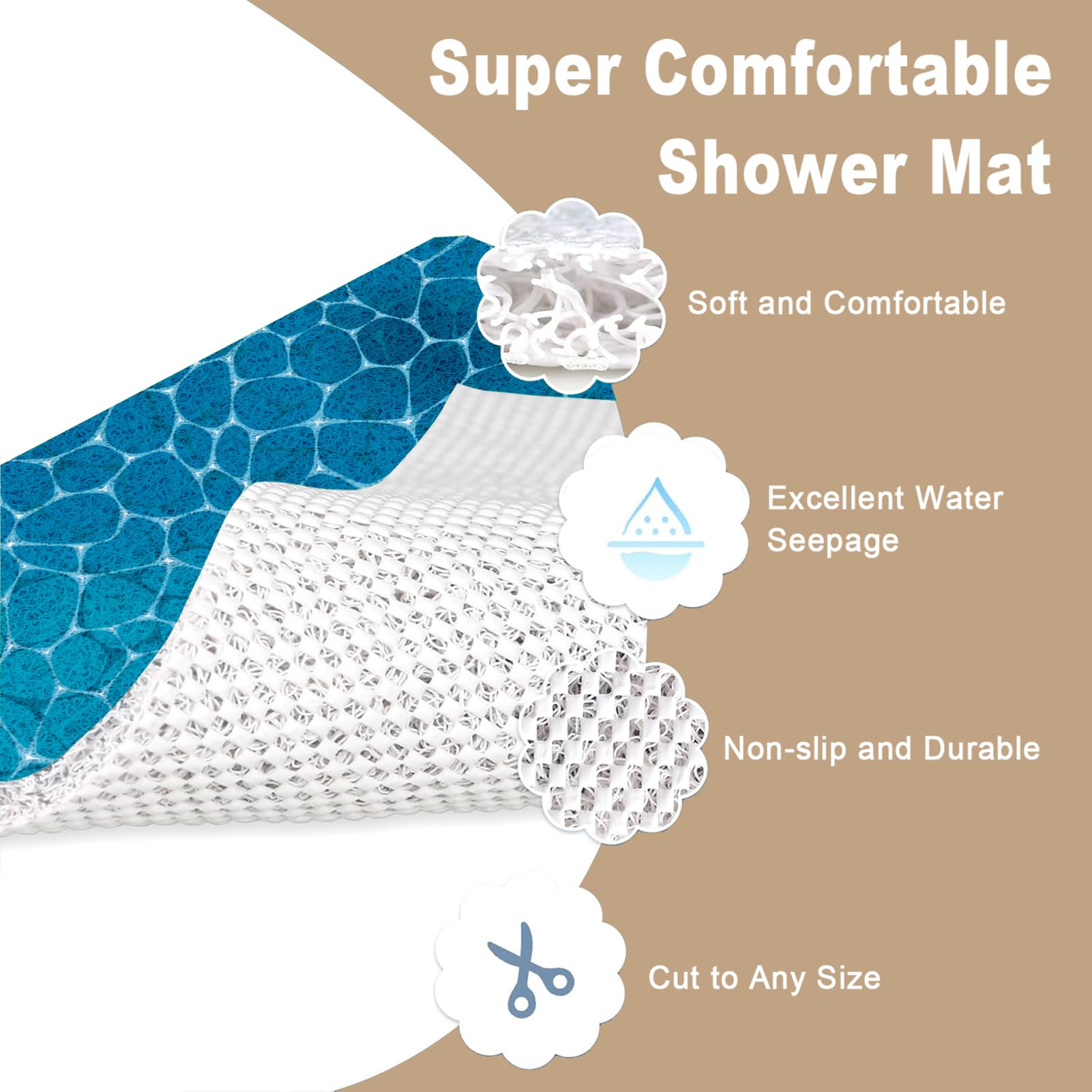 Alfombrilla de ducha antideslizante de lufa 80 x 80 cm, alfombrilla de ducha para interior, alfombrilla rectangular para bañera con drenaje para zonas húmedas, almohadilla de baño de PVC para ancianos