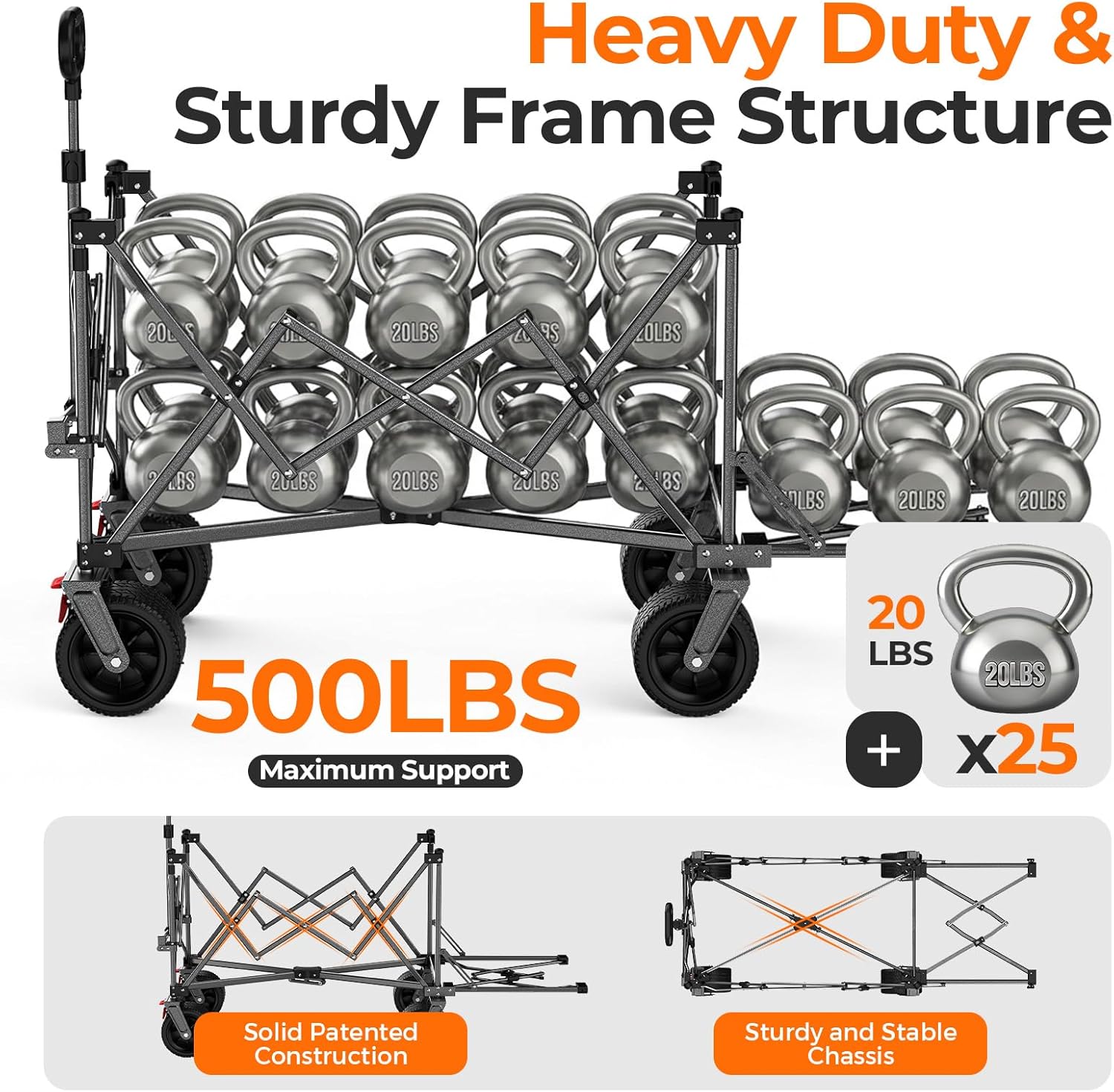 55" Collapsible Wagon with Tailgate & Brakes - 500LBS Heavy Duty Multi-Terrain Cart, 300L Foldable Utility Wagon with Cup Holders & Side Pockets for Beach Sand Camping Sports Shopping (Blue)