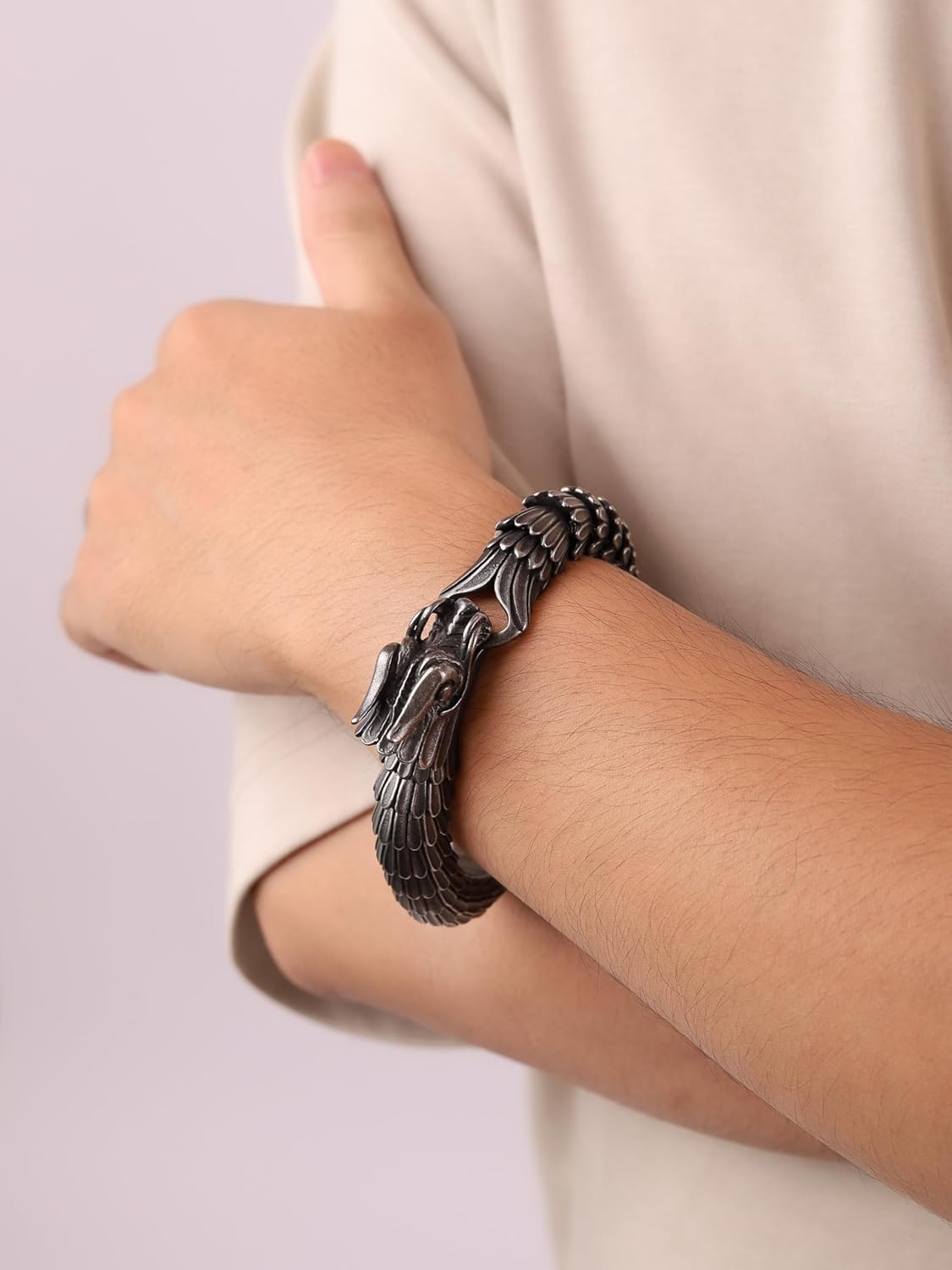 HAQUIL Viking Dragon Bracelet, Antique Oxidized Steel Ouroboros Jormungandr Link Bracelet, Viking Jewelry Gift for Men - Image 7