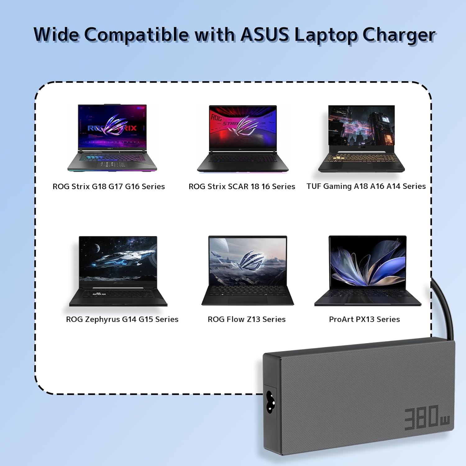 380W 20V 19A Laptop Charger Replacement for ASUS, ROG Strix Scar G16 G615 G18 G815 (2025) 16 G635 18 G835 17X TUF Gaming F16 A14 A16 A18 Zephyrus G14 RTX 5080 5090 Power Supply ADP-380AB B AC Adapter