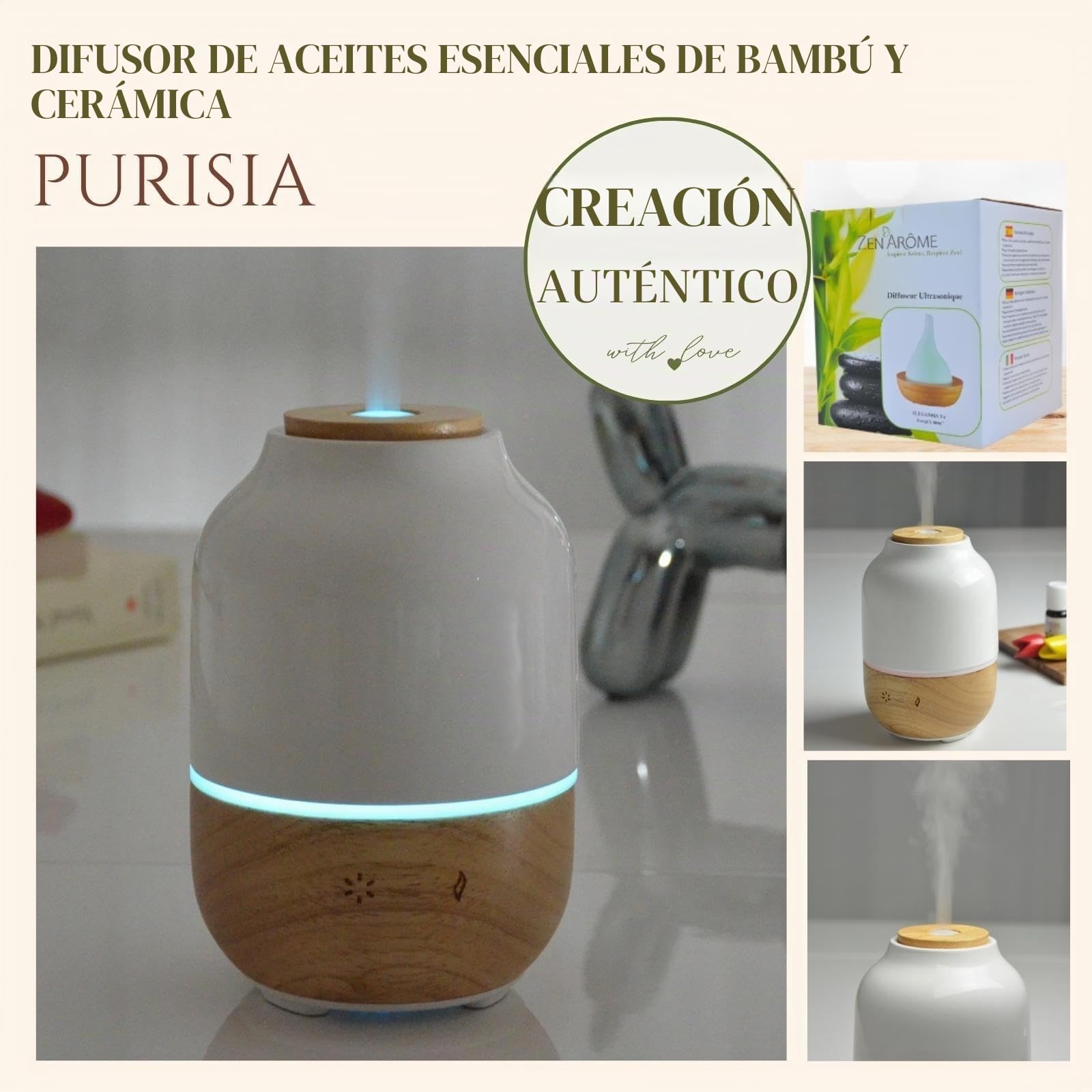Zen'Arôme - Difusor ultrasónico de aceites esenciales Purisia (hasta 40 m²) - Difusión en frío para aromaterapia - Modo continuo o alternado - Iluminación multifunción - Cerámica y madera