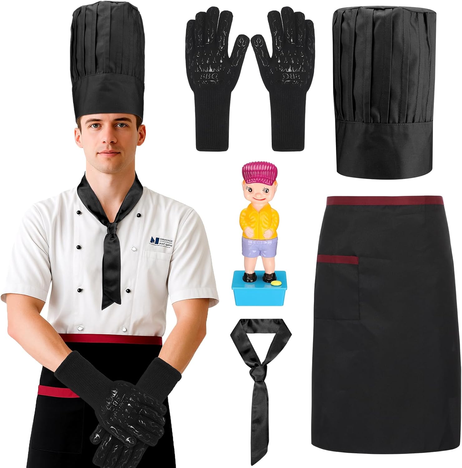 Yahenda 5 Pcs Hibachi Chef Costume Set Hibachi Chef Hat and Apron Japanese Tie BBQ Gloves Teppanyaki Boy Squirter