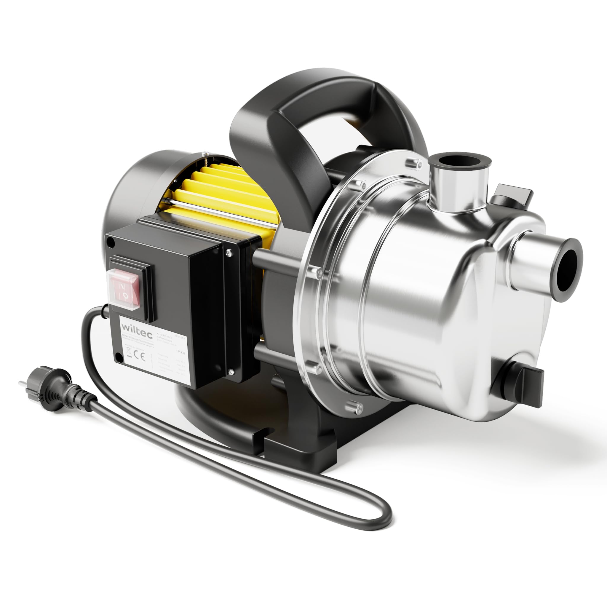 Wiltec Pompe de jardin – 3800 l/h / 1200 W – Hauteur de débit 48 m – en Acier fin – pour Eau douce de puits – avec Poignée de transport & Vis de purge