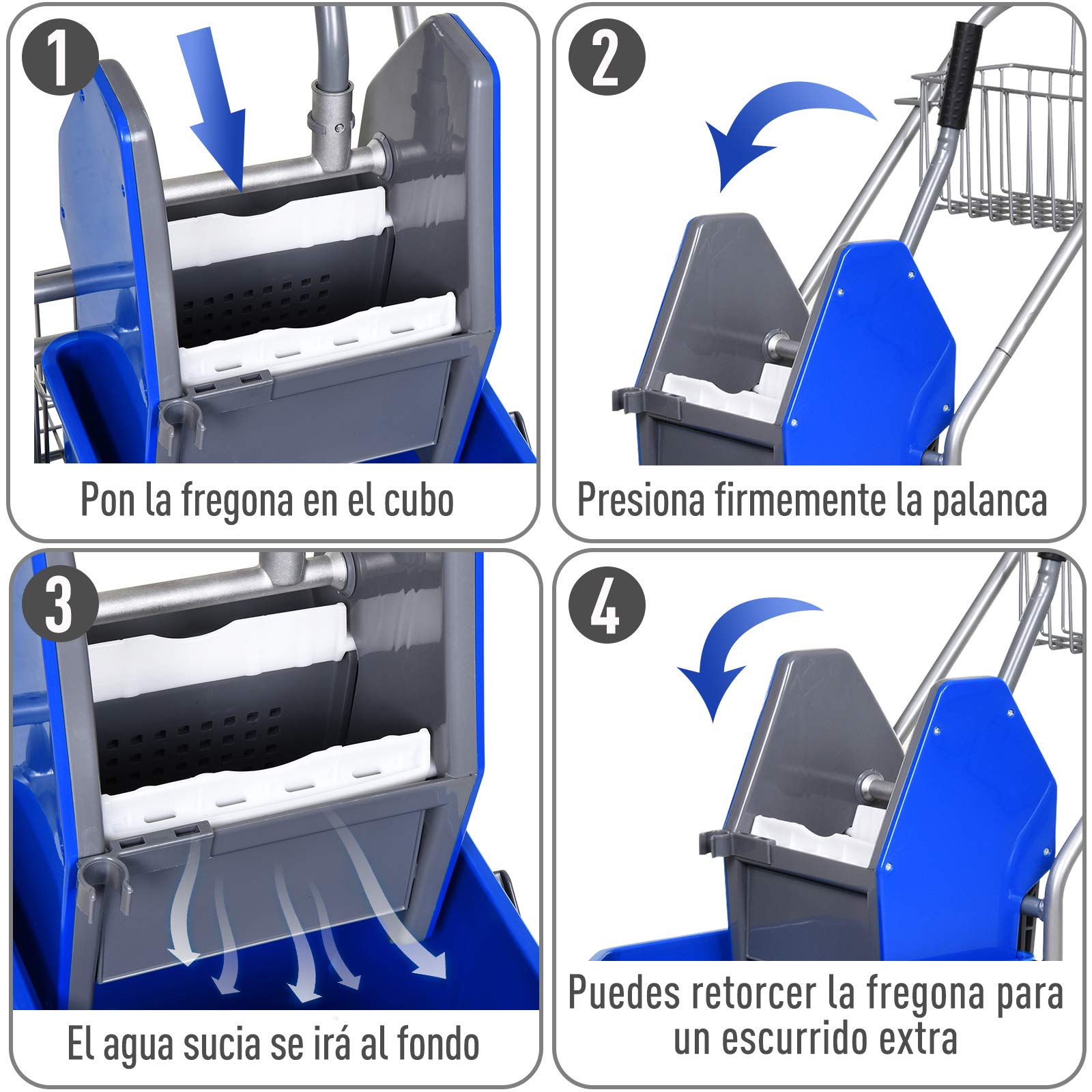 HOMCOM Cubo de Fregona 26 L Cubo Fregado Comercial con Escurridor de Presión hacia Abajo Ruedas y Cestas de Almacenamiento 73x45x95 cm Azul