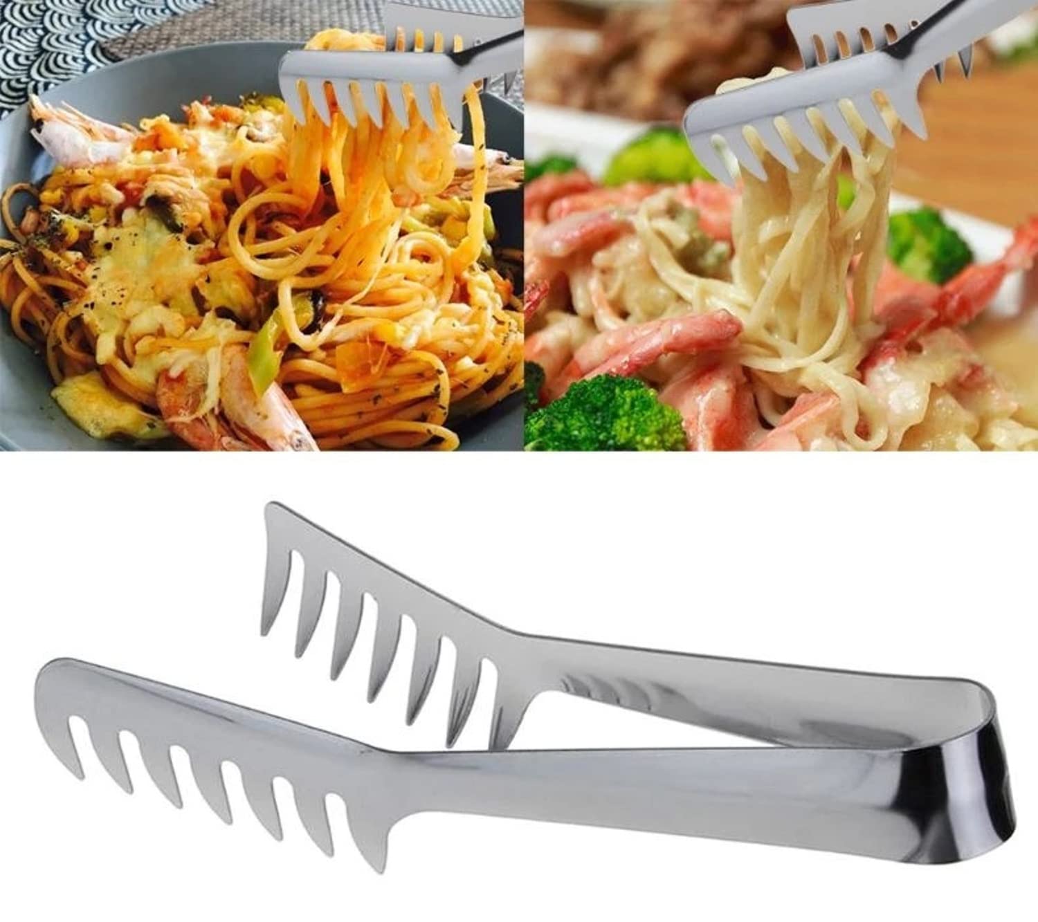 Snowpearl Stainless Steel Noodles Tong | Spaghetti Tong | Pasta Tong | Macaroni Spaghetti Tong | Serving Tongs | Comb Shaped, 20 cm, Silver 4