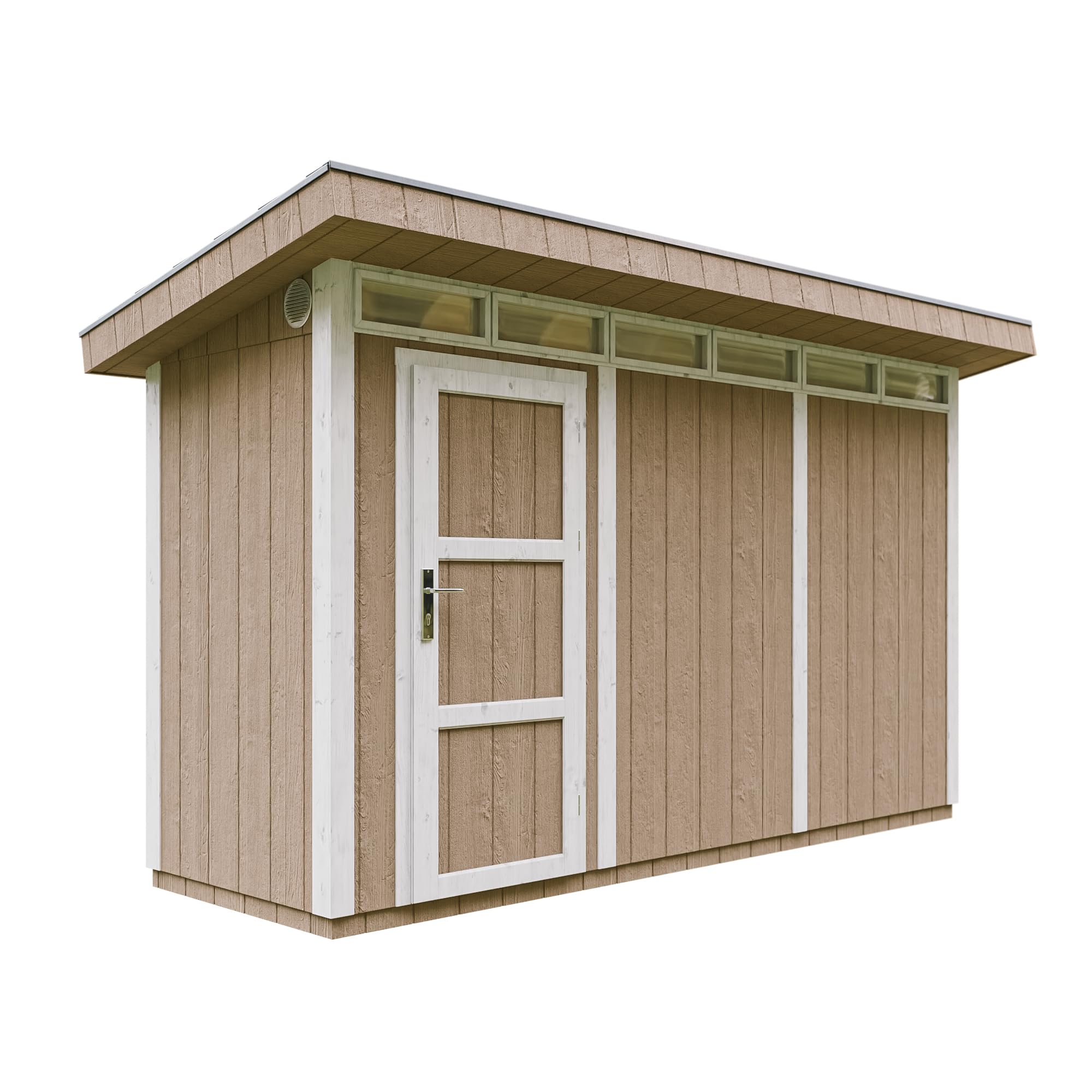 Domek narzędziowy 4,3 m² - Dł. 161 x Szer. 411 cm - Zestaw all-inclusive z podłogą, dachówką bitumiczną, zestawem do malowania - Wykonany z płyt drewnopochodnych LP Smartside - M902 TERRA BROWN