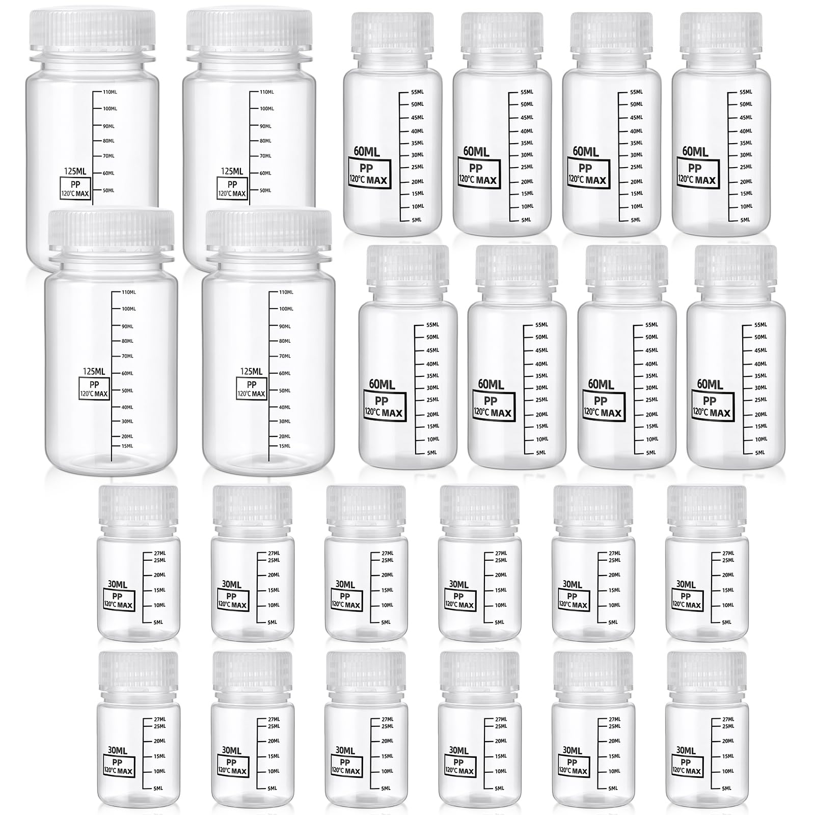 24 Pcs Plastic Sample Bottles with Lid, Reagent, 1oz+2oz+4oz, Transparent 1oz+2oz+4oz Transparent 24