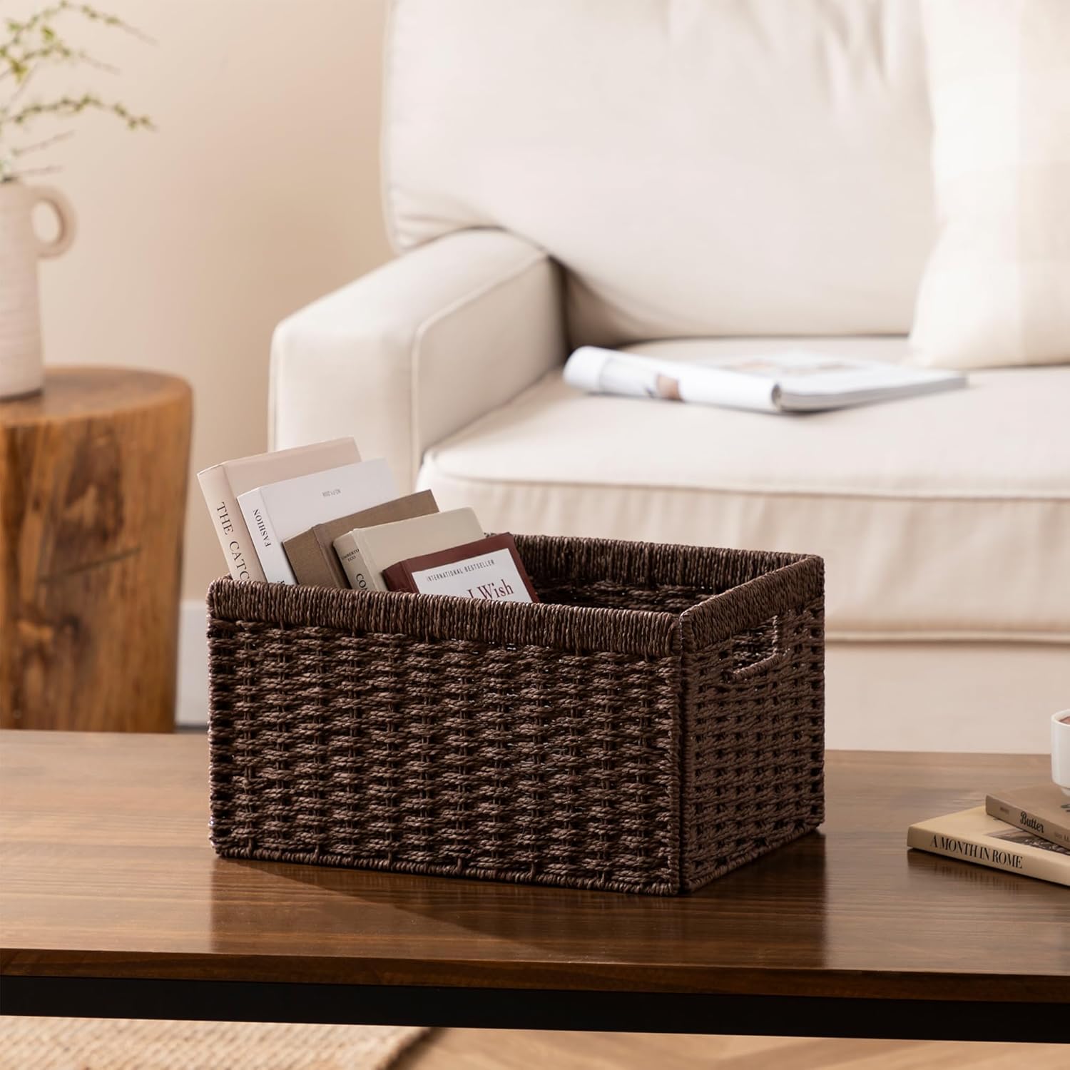 joybest Wicker Storage Baskets, Set of 4 Hand-Woven Paper Rope Dark Brown Baskets for Organizing, Foldable Rectangular Storage Organizer Bins for Shelves with Handles 13.4L x 8.3W x 7.1H