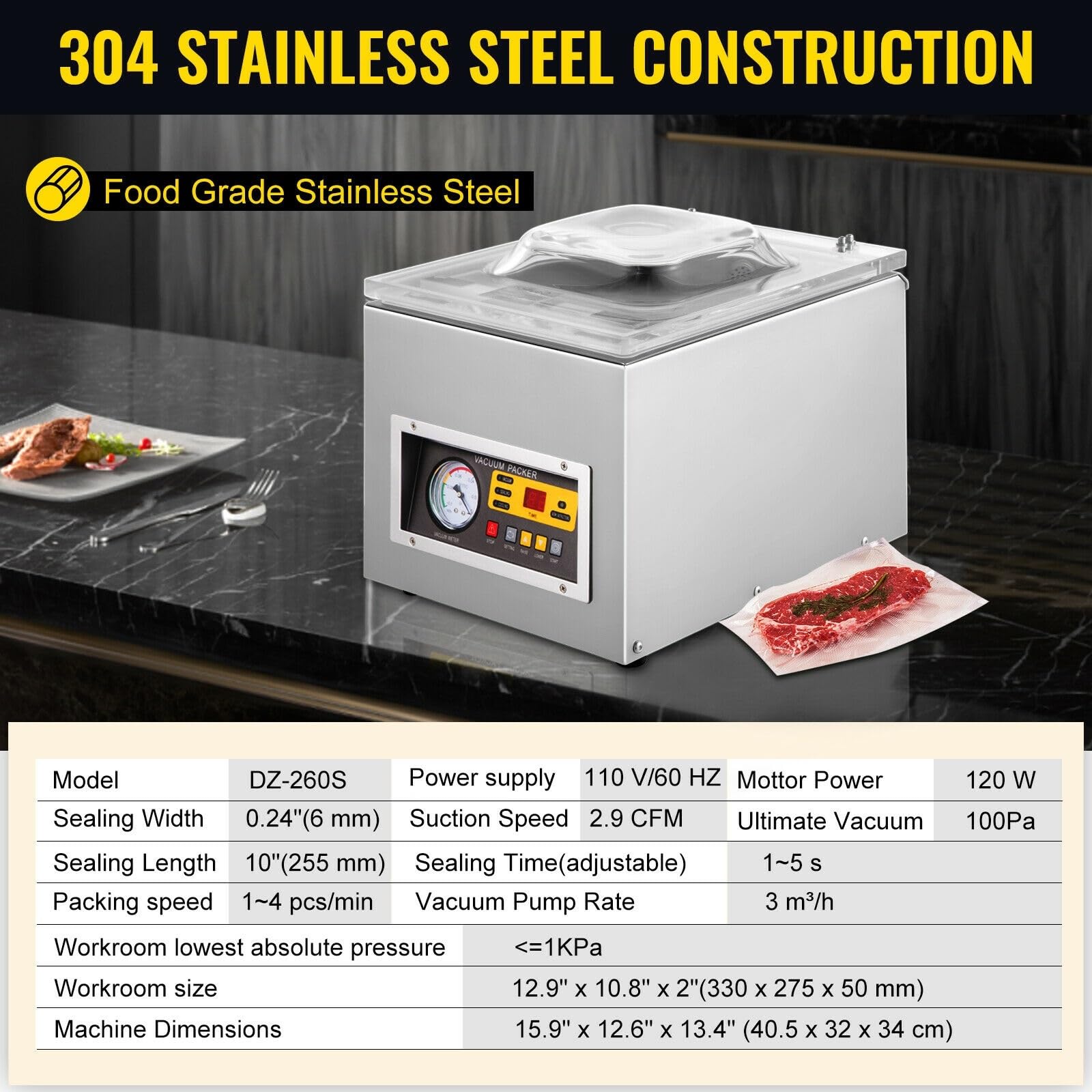 Máquina selladora, Máquina envasadora al vacío de alimentos DZ-260S, selladora al vacío de cámara comercial, máquina selladora for envasado de bolsas de carne de cocina Para bolsas de plástico