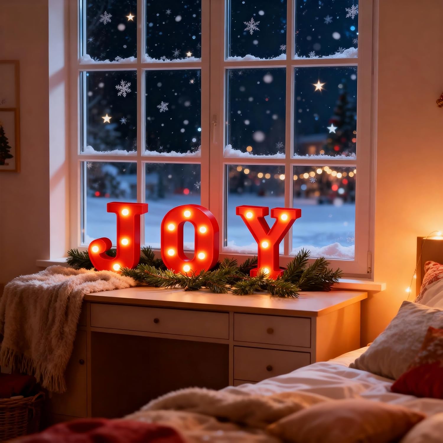 JOY Christmas Light Up Letter Table Decorations, LED Marquee Lights Sign for Indoor Outdoor Home Bedroom Fireplace Bar Xmas Party Decor - Image 4