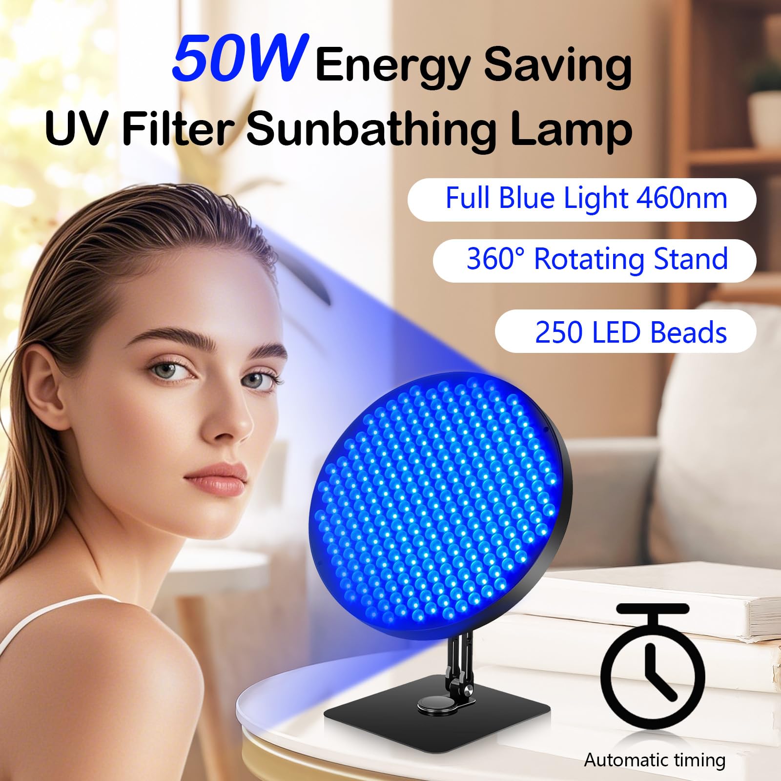 Bräunungslicht Solarium, Solarium für Zuhause 50W Tischplatte 460NM Bräunungslampe mit 250 Leds Blaues Licht Gesichtsbräunungslampe 360° Verstellbare Gesichtssolarium mit Zeitschaltuhr