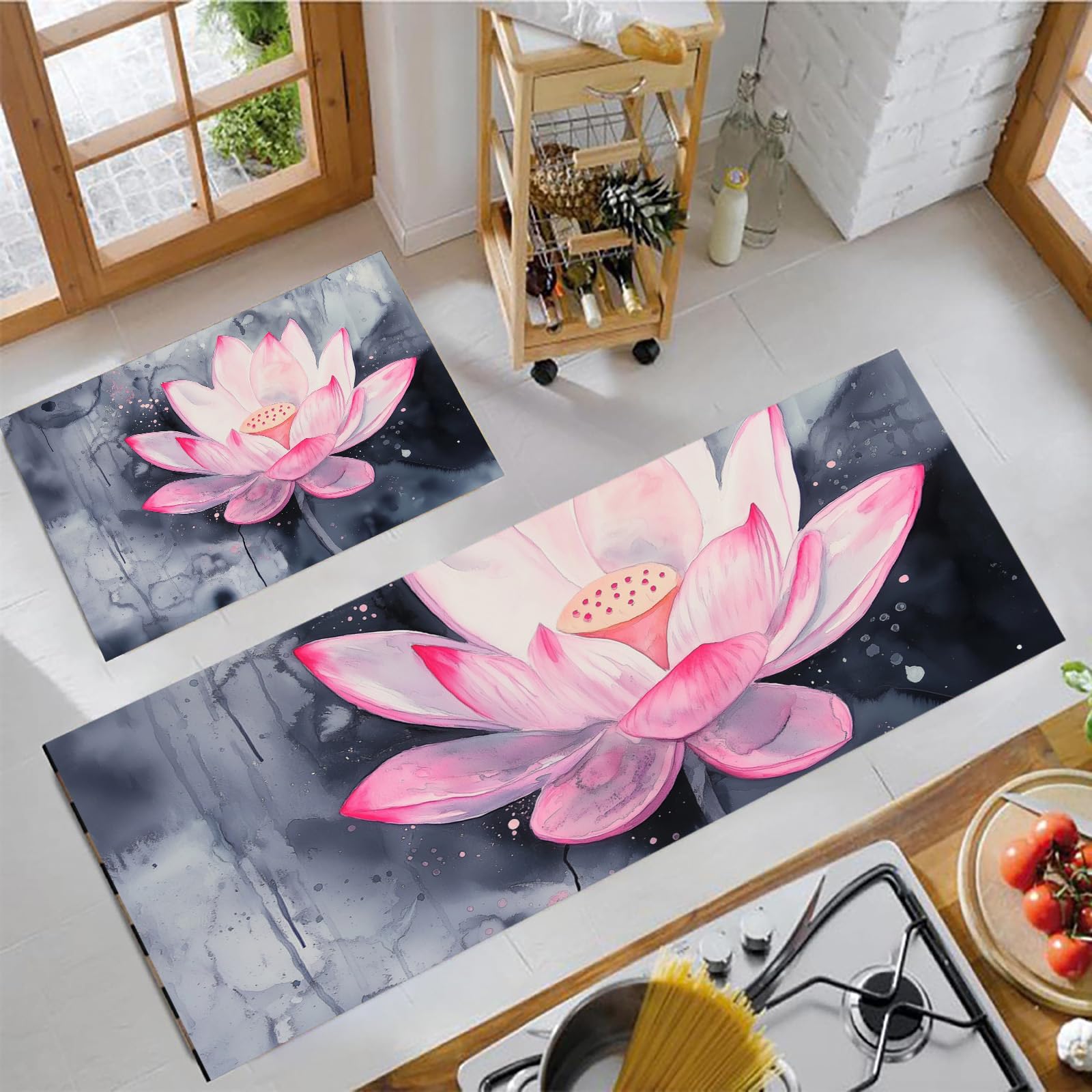Tapetes de cocina antifatiga lavables que decoran tu suelo con arte de loto rosa