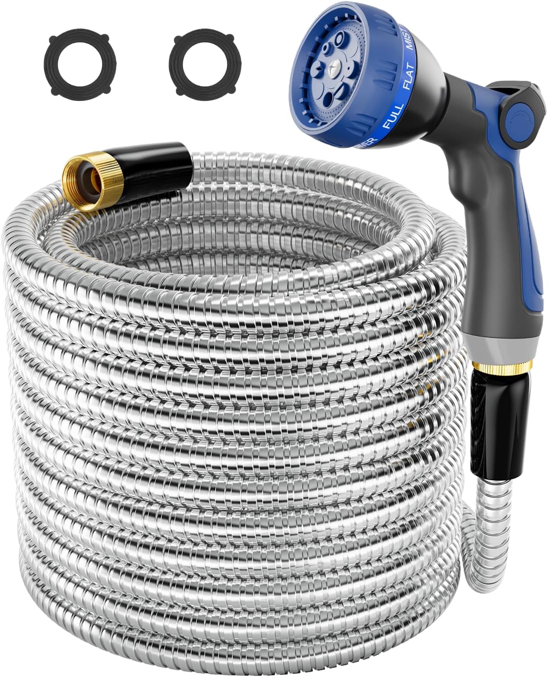 SPECILITE 50FT 1/2" 304 Stainless Steel Garden Hose - Flexible, Kink-Free, Puncture-Proof with Brass Fittings & 8-Way Nozzle