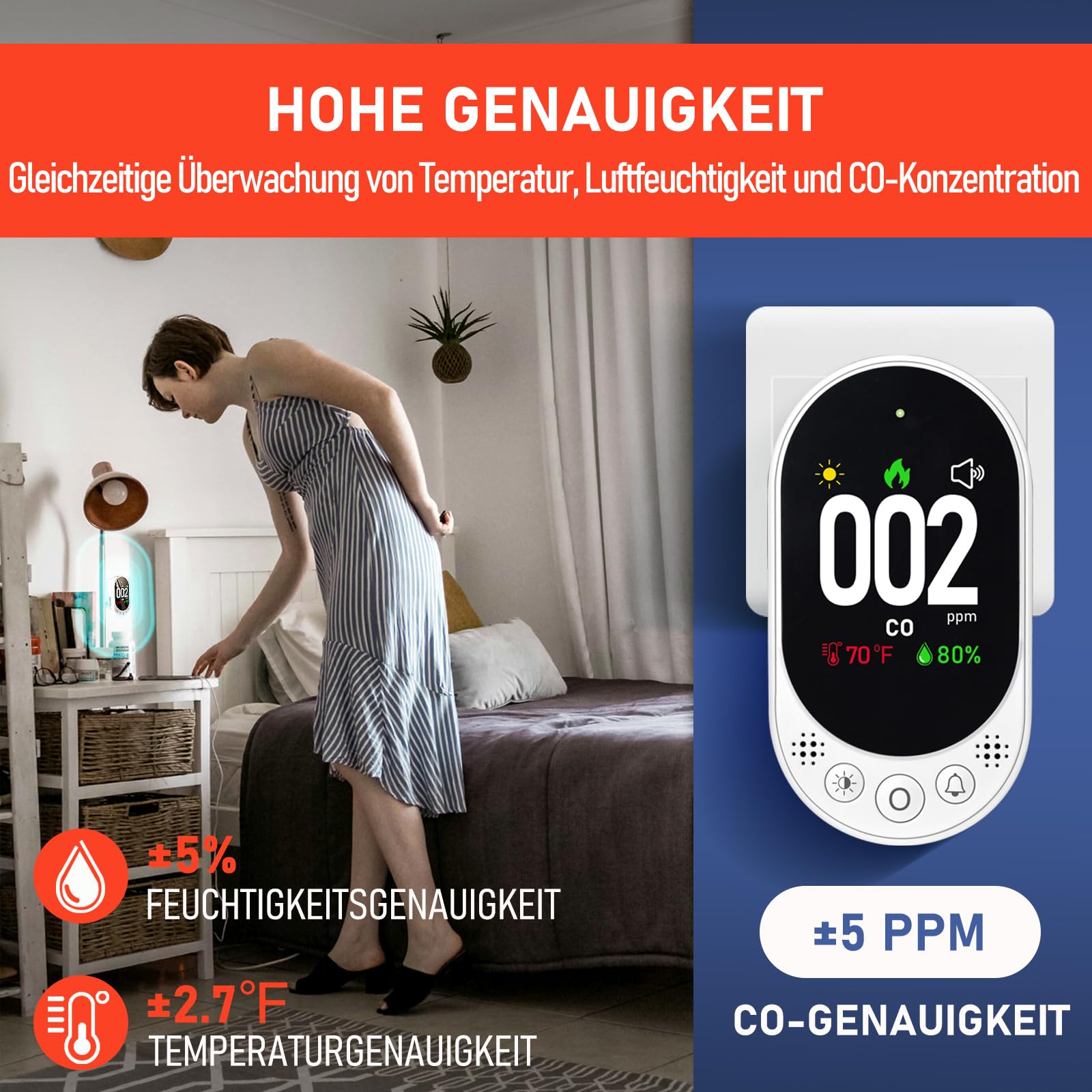 LSENLTY Kohlenmonoxid Melder, CO Melder mit HD-Bildschirm und Anzeige, visuellem und akustischem Alarm, 3-in-1-CO-Melder (CO-Gasmessgerät, Temperatur und Luftfeuchtigkeit) für Zuhause und unterwegs