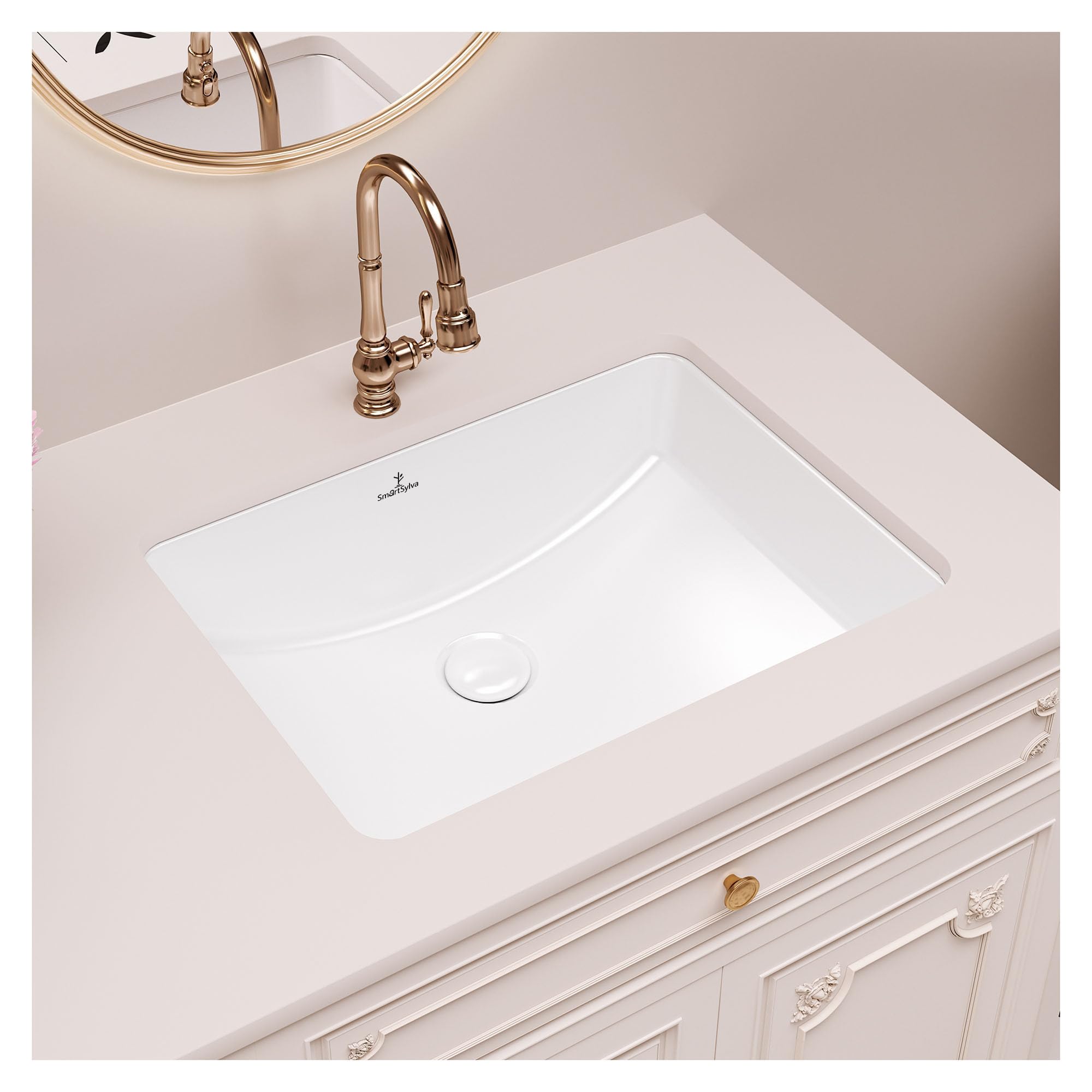 Smartsylva White 18-Inch Rectangle Undermount Bathroom Sink, Porcelain Ceramic Vanity Undermount Sink,