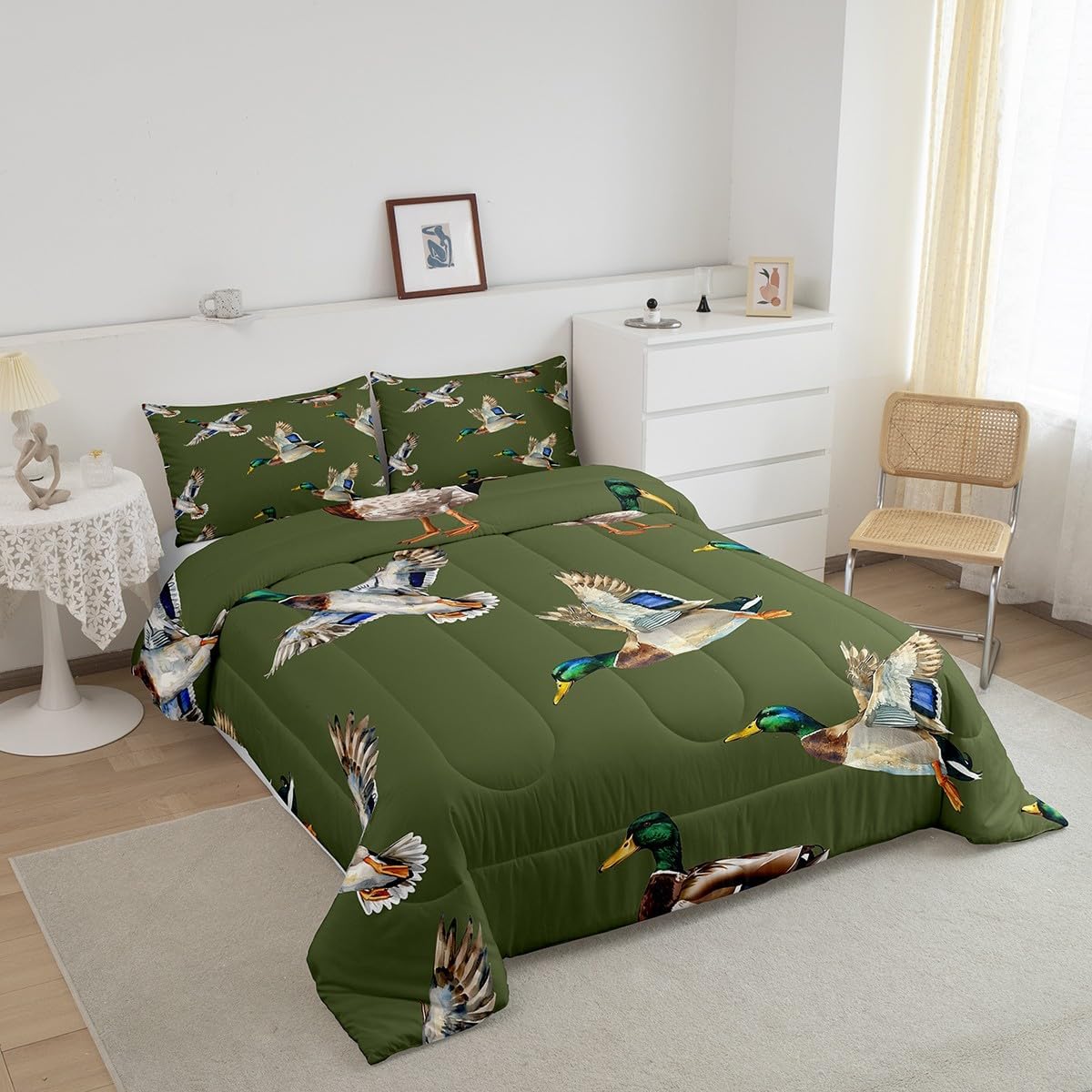 jejeloiu Cute Mallard Duck Comforter Set Twin Size Kids Wild Duck Hunting Comforter for Boys Teens Hunting and Fishing 3D Wild Animal Bedding Set Green Duvet Set Room Decor Quilt Set - Image 3