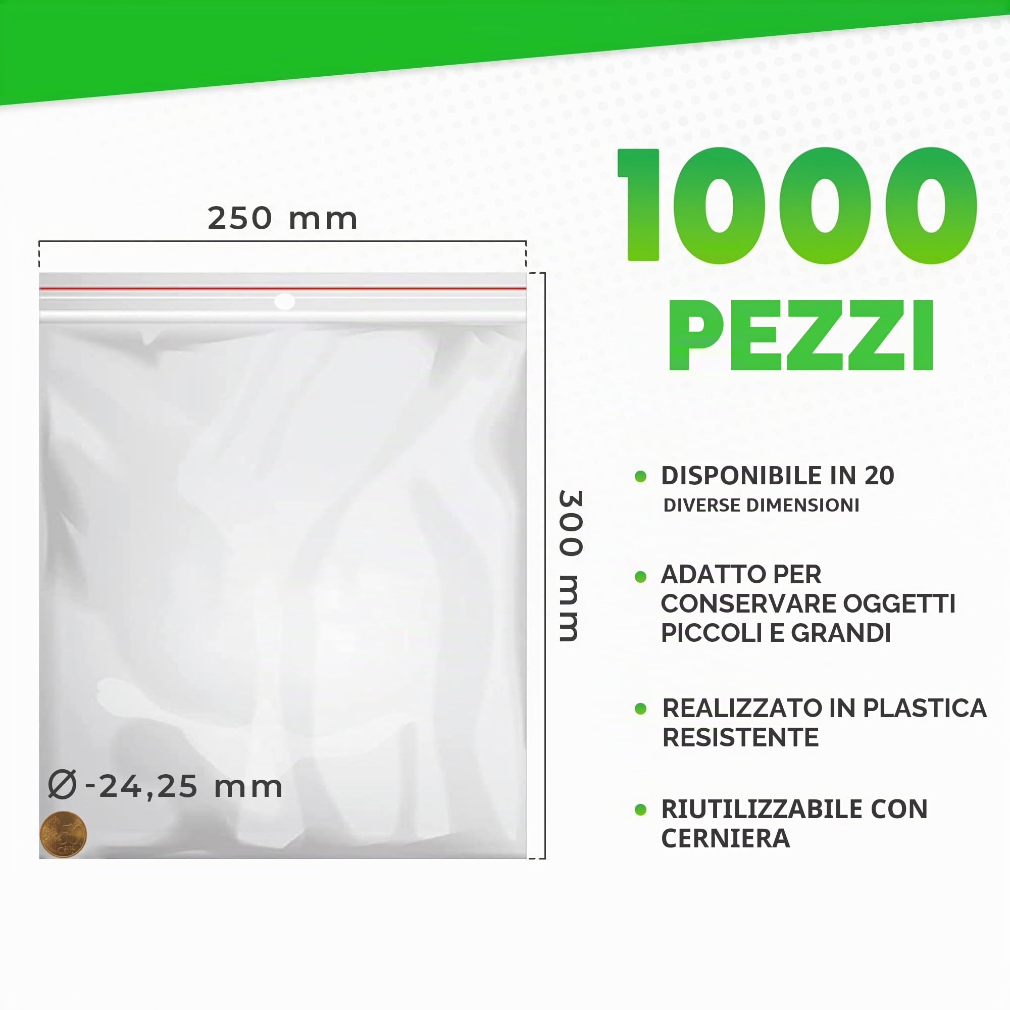 V1 TRADE Borsine a chiusura ermetica 250x300 mm – 1000 sacchetti di plastica richiudibili trasparenti – Chiusura a tenuta, impermeabili, riutilizzabili, per conservazione pesante