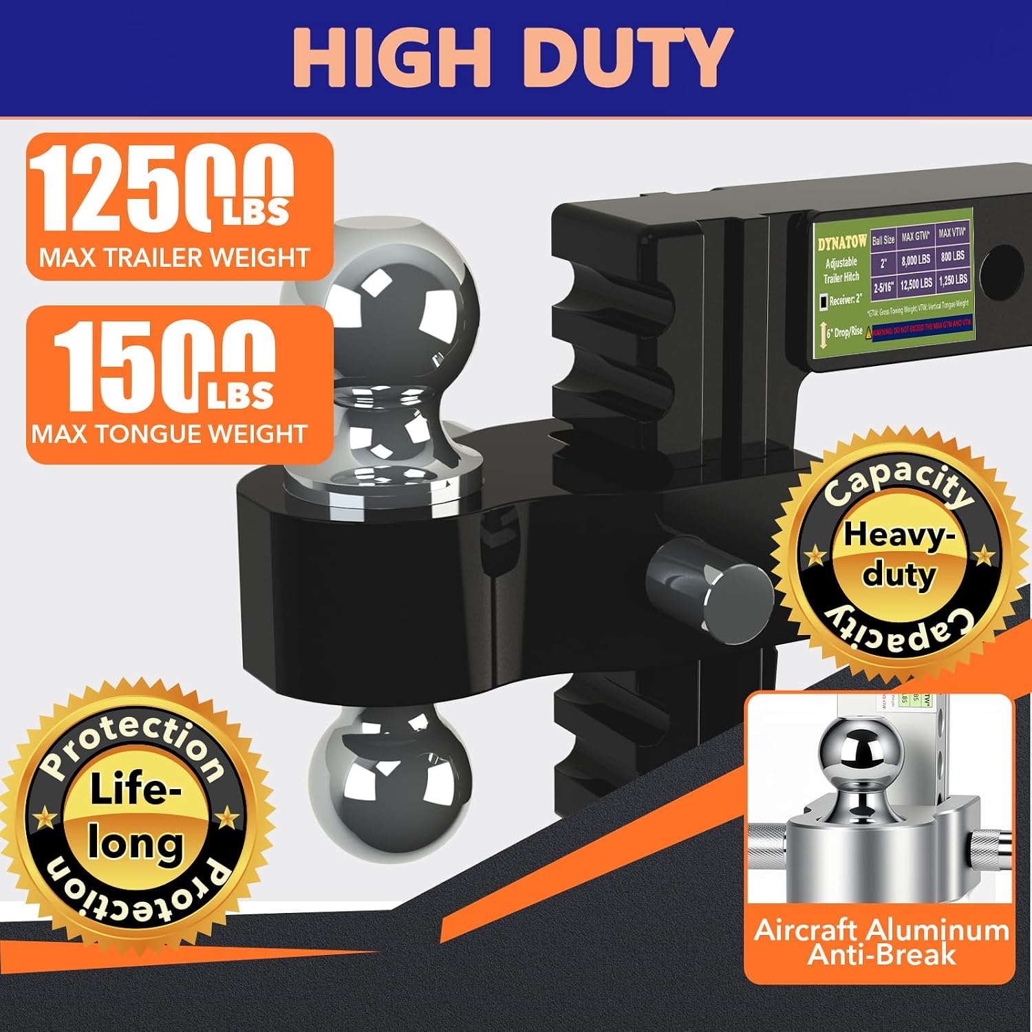 2 Inch Adjustable Trailer Hitch with Dual Towing Ball (2″ & 2-5/16″) – 12,500 lbs GTW, 6″ Rise/Drop, Aerospace Aluminum, Locking Hitch Pins – Lightweight, Solid, Anti-Theft (Black, 6 Inch Rise/Drop)