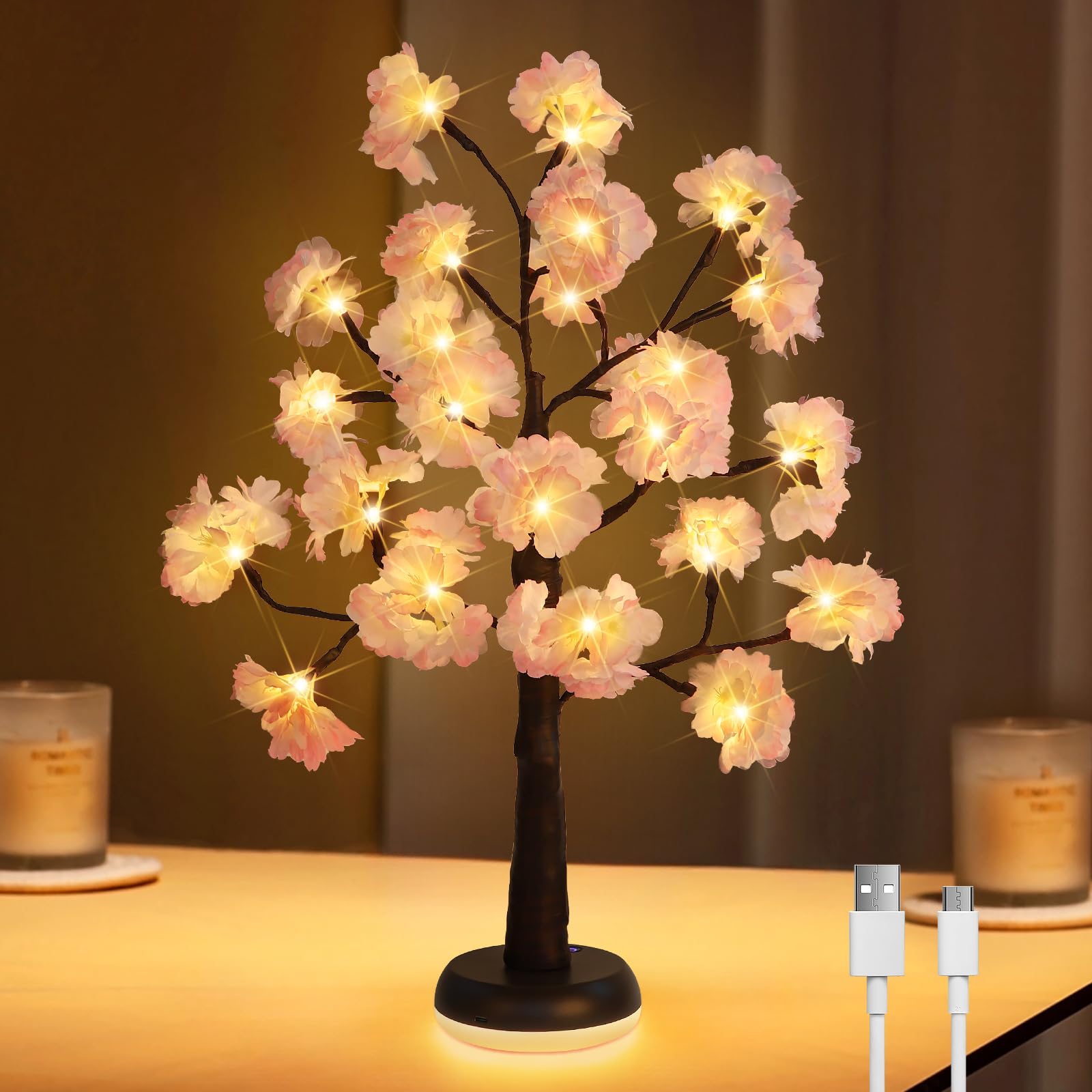 Cerisier artificiel lumineux haut de gamme de 58cm, décoration d'intérieur design USB-C et LED