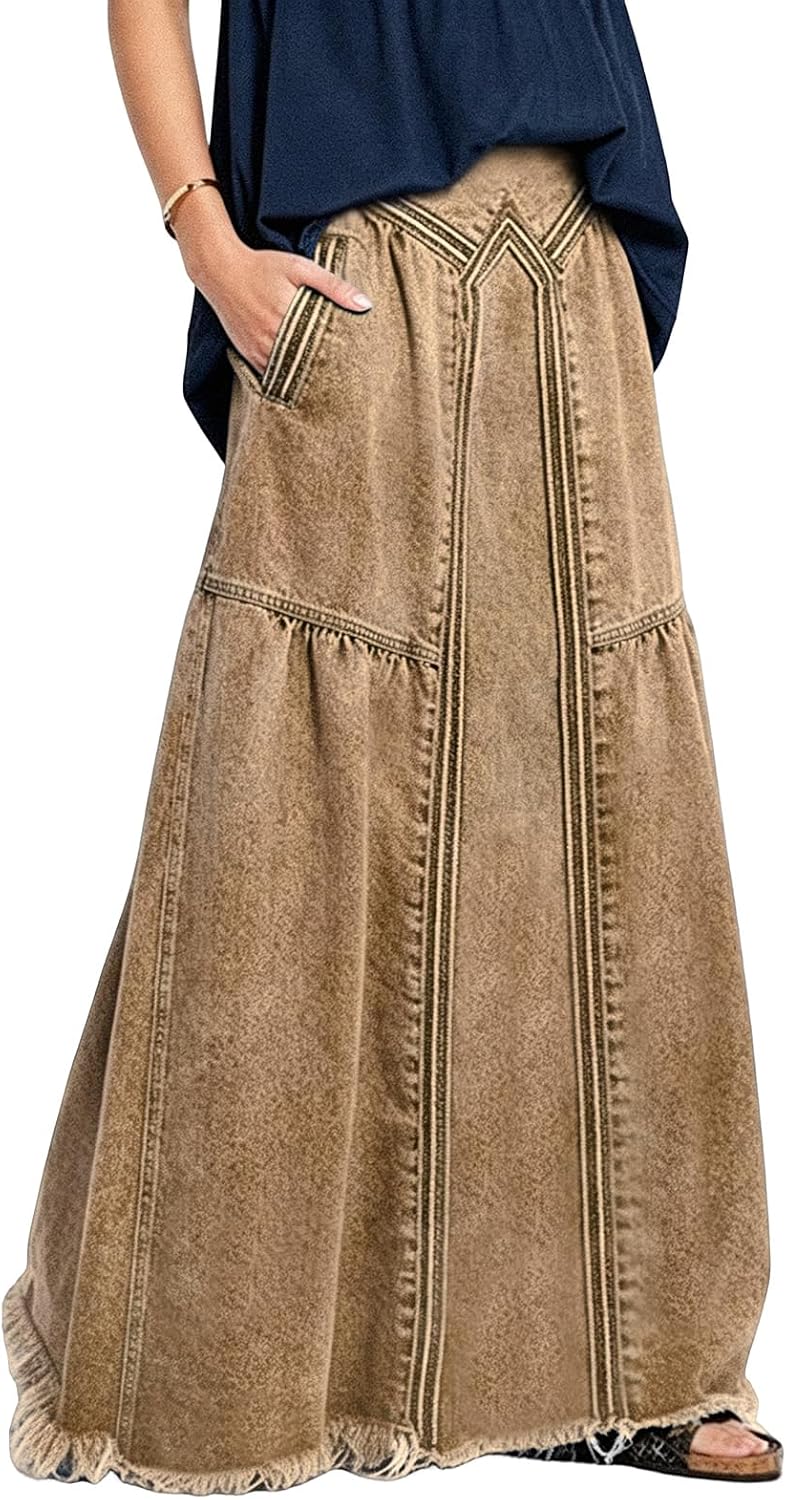 ebossy Women's High Waist A Line Frayed Maxi Long Denim Skirt with Pockets