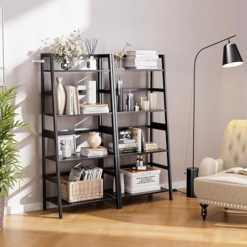 Miniatura 8 de HITNET Estante de escalera negro, estantería de 4 niveles, estante de almacenamiento de baño independiente con marco de bambú, soporte de exhibición