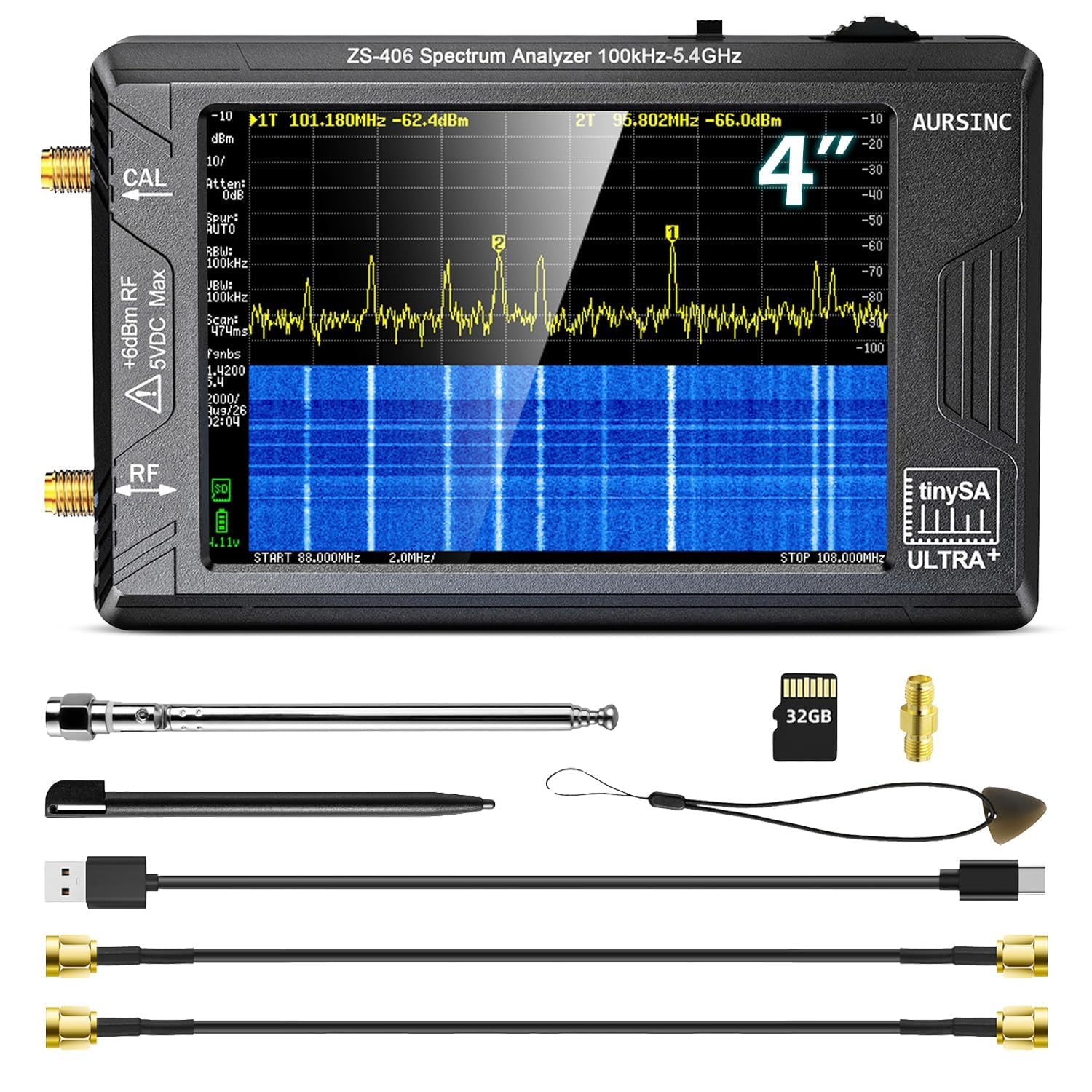 AURSINC TinySA Ultra ZS406 Analizator Spektrum zaktualizowany sprzęt V0.4.6 o przekątnej 4.0 cala 100kHz-5.4GHz z kartą 32Gb 2-w-1 generator sygnału od 100kHz do 900MHz MF HF VHF UHF Wejście