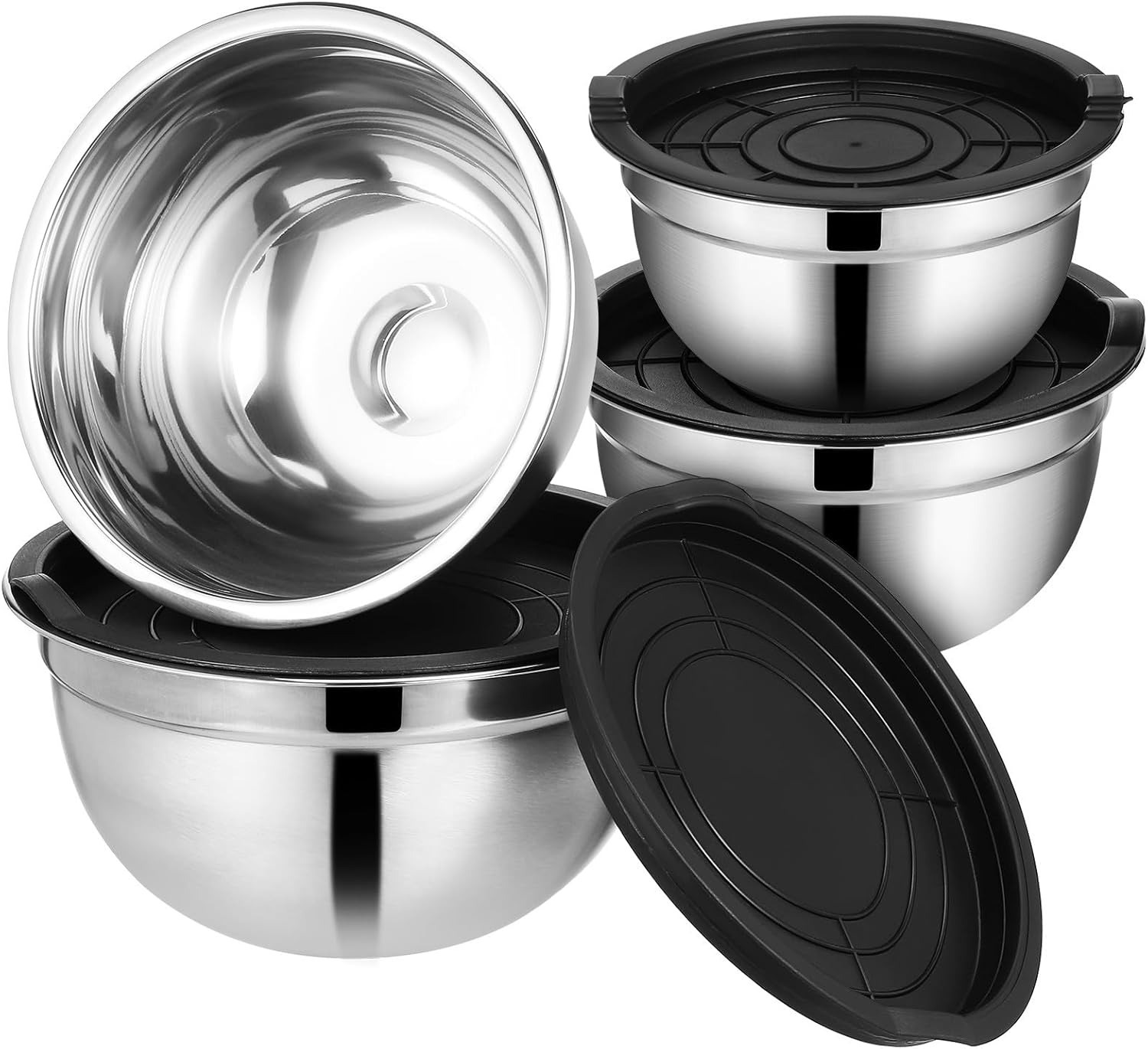 4 Pcs Stainless Steel Baking Mixing Bowls Set with Black Lids, Deep Kitchen Prep Bowls for Cooking, Dough, Salad, Stackable Compact Design (14cm, 16cm, 18cm, 20cm)