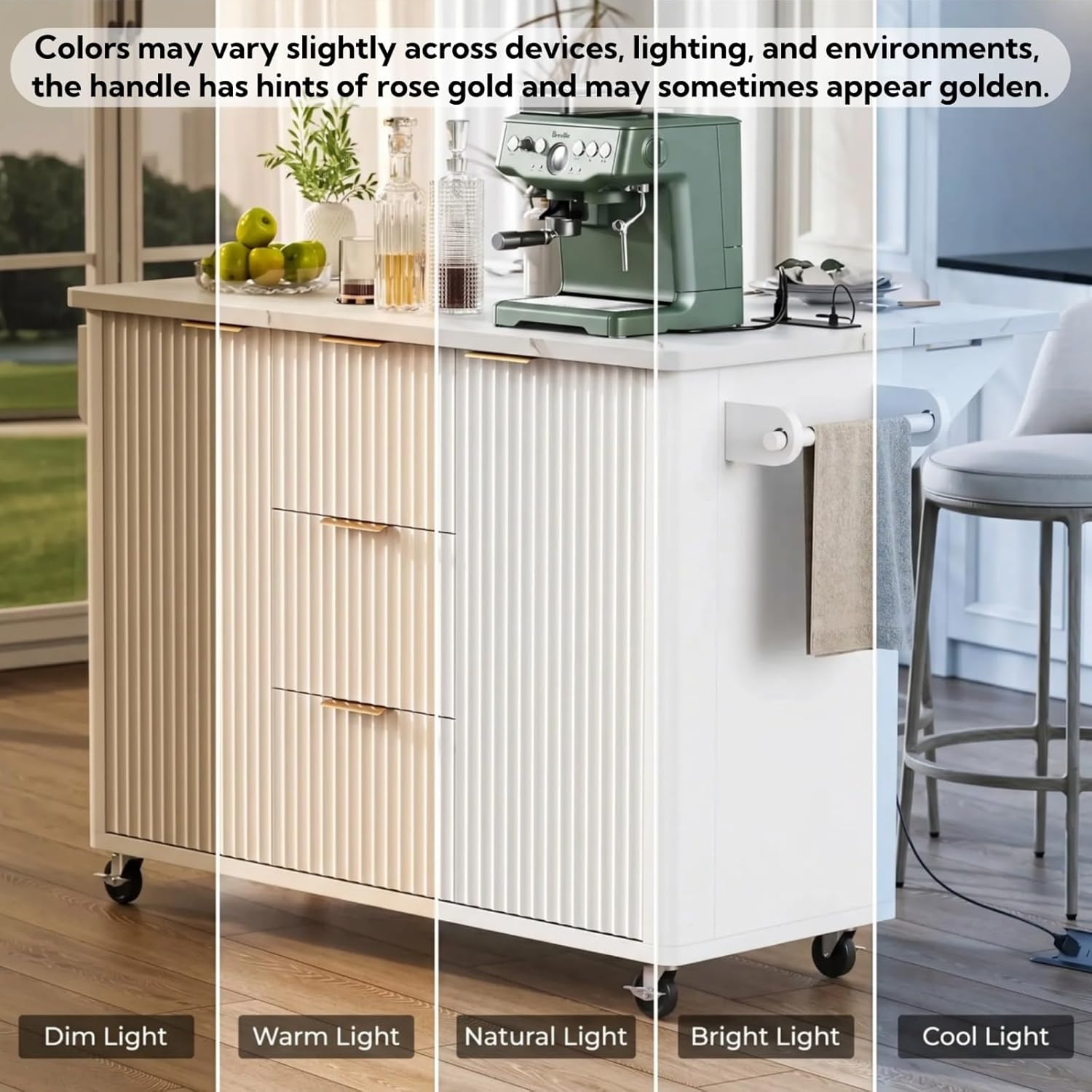 Large Fluted Kitchen Island with Storage, 55.5" Rolling Island Table with Faux Marble Top Drop Leaf, Power Outlet, 2 Door-Cabinet, 3 Drawers, Rose Gold Handle for Dining Room