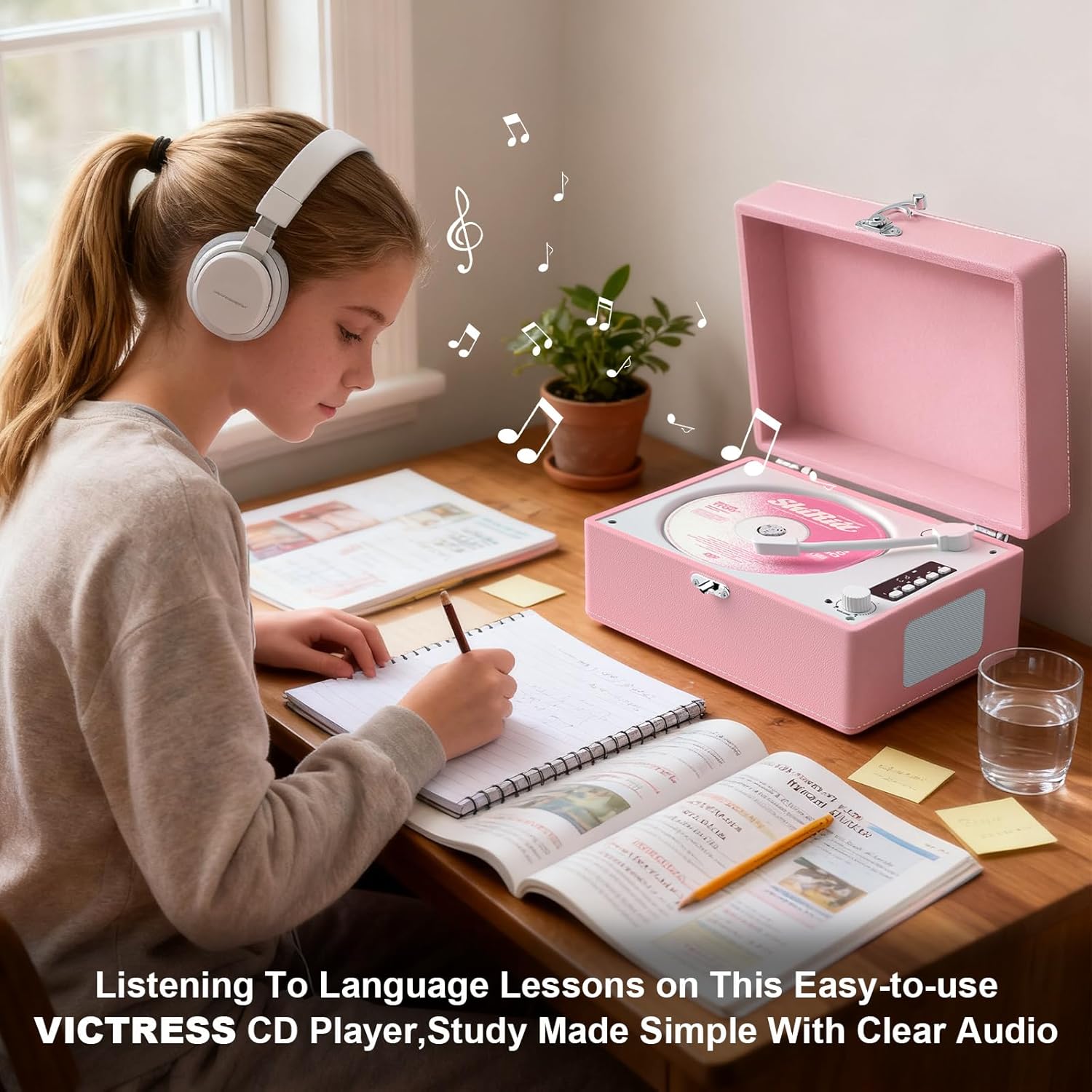 CD Player Portable Bluetooth, Pink Retro CD Player Leather for Home Music Player, Rechargeable Battery & Built-in Speakers, USB & AUX Playback, Vintage CD Stereo for Home Decor Gift(Light Pink)