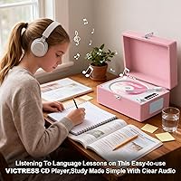 Vista 5 de CD Player Portable Bluetooth, Pink Retro CD Player Leather for Home Music Player, Rechargeable Battery & Built-in Speakers, USB & AUX Playback