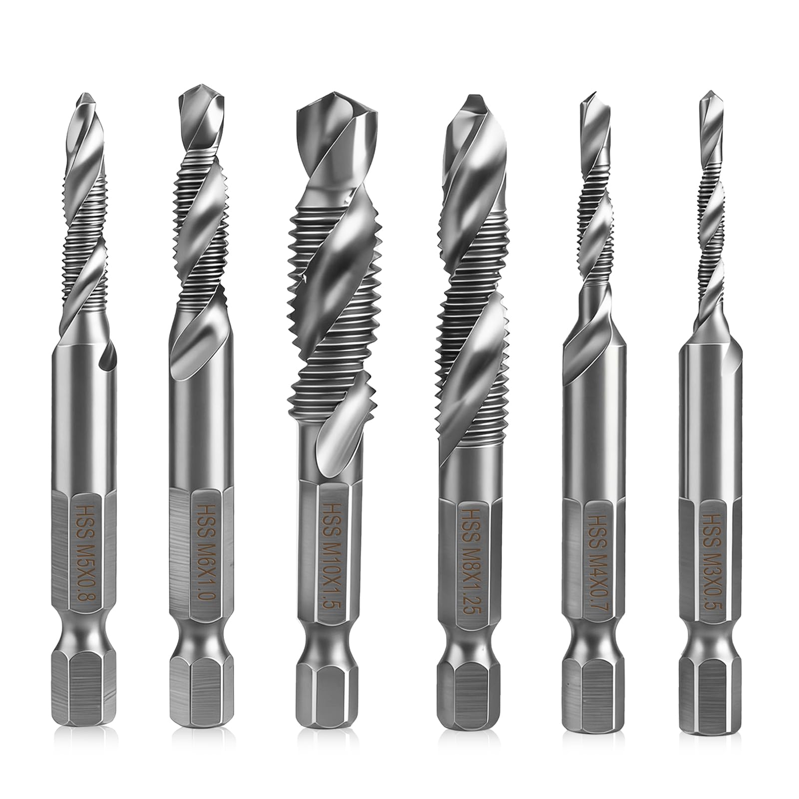 6-teiliges Kombi-Bohrer und Gewindeschneider Set M3–M10, HSS Maschinengewindebohrer mit Rostschutzbeschichtung, für Metall Holz Kunststoff