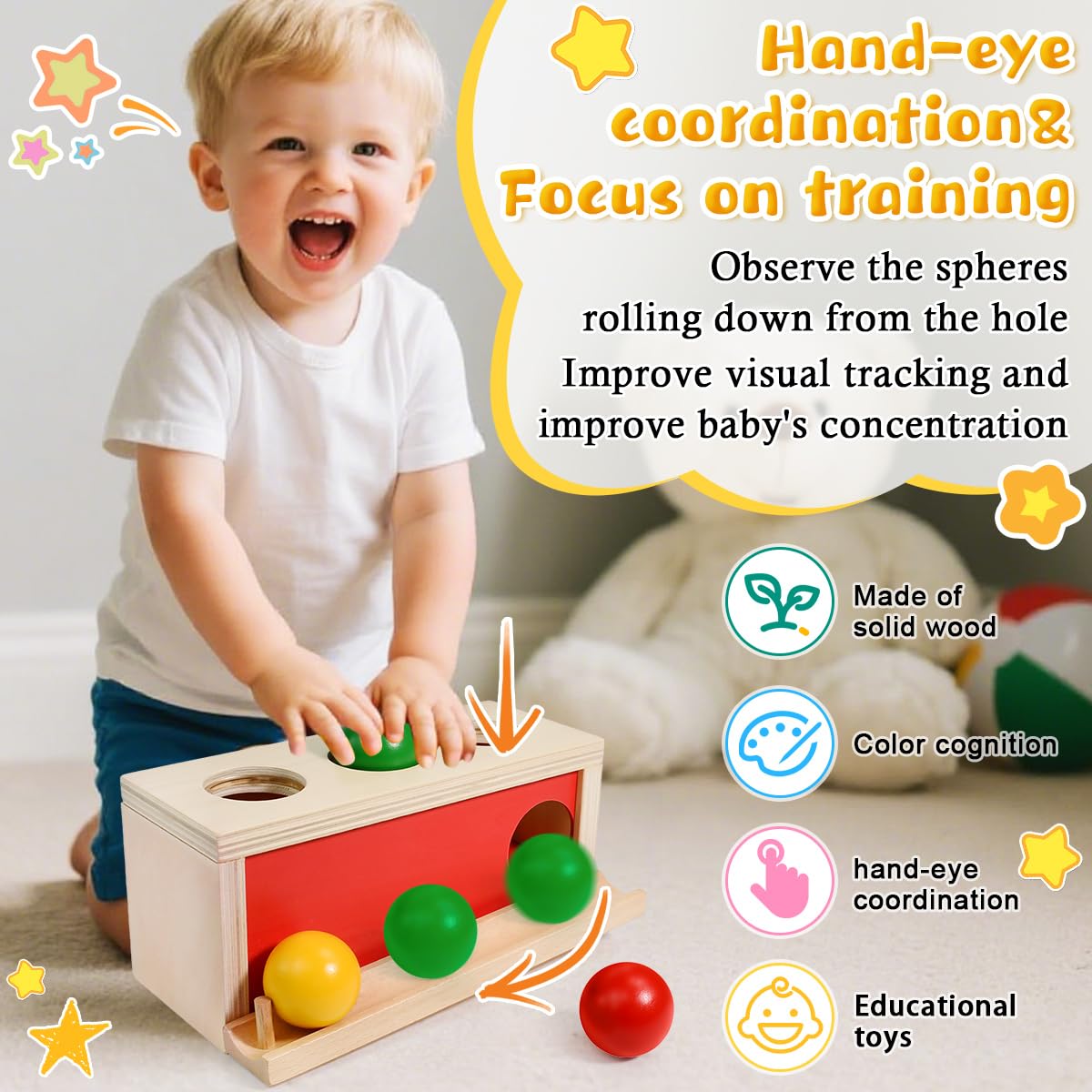 Jeux Montessori 2 Ans, Boite de Permanence Montessori Jouet de Chute de Balle Object Permanence Motricité Fine Jouet Bebe 2 Ans Jouets en Bois pour Fête Prénatale Cadeau d'anniversaire