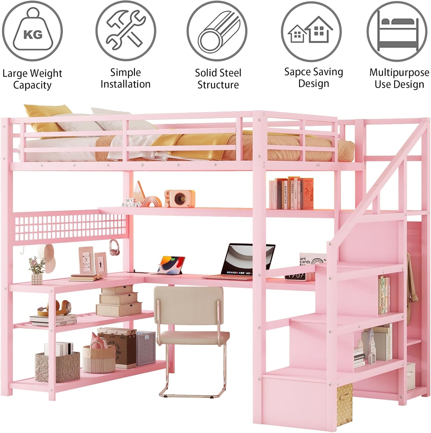Full Size Loft Bed with Desk and Stairs,Metal Gaming Loft Bed with LED,Charging Station, High Loft Bed Full with Storage Shelves and Wardrobe for Kids Teens, Adults, Pink