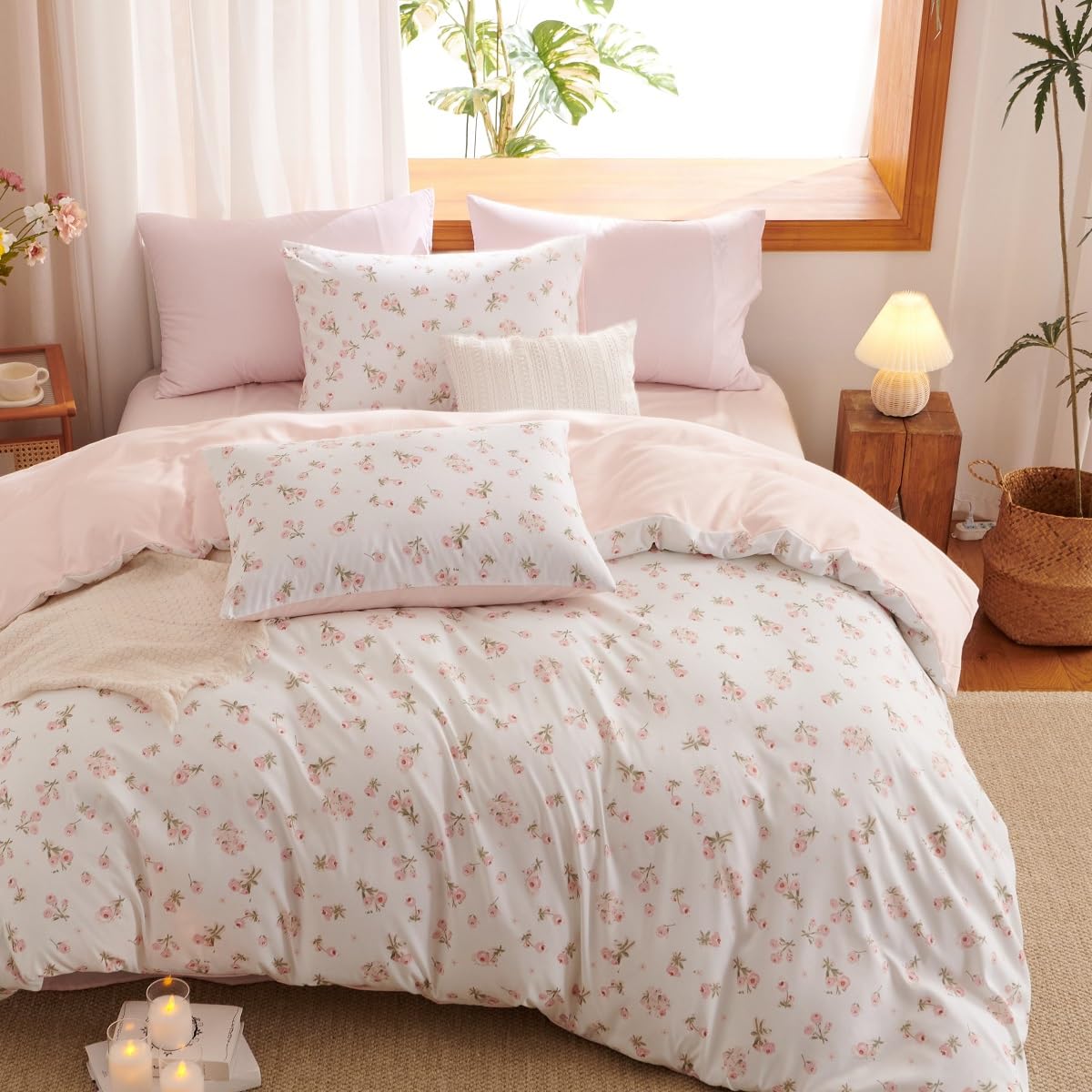 Lanqinglv Bettwäsche Rosa Altrosa Uni Gewaschene Baumwolle Wendebettwäsche Mädchen Einfarbig Weiche Bettbezug mit Reißverschluss und Kissenbezug 80x80cm